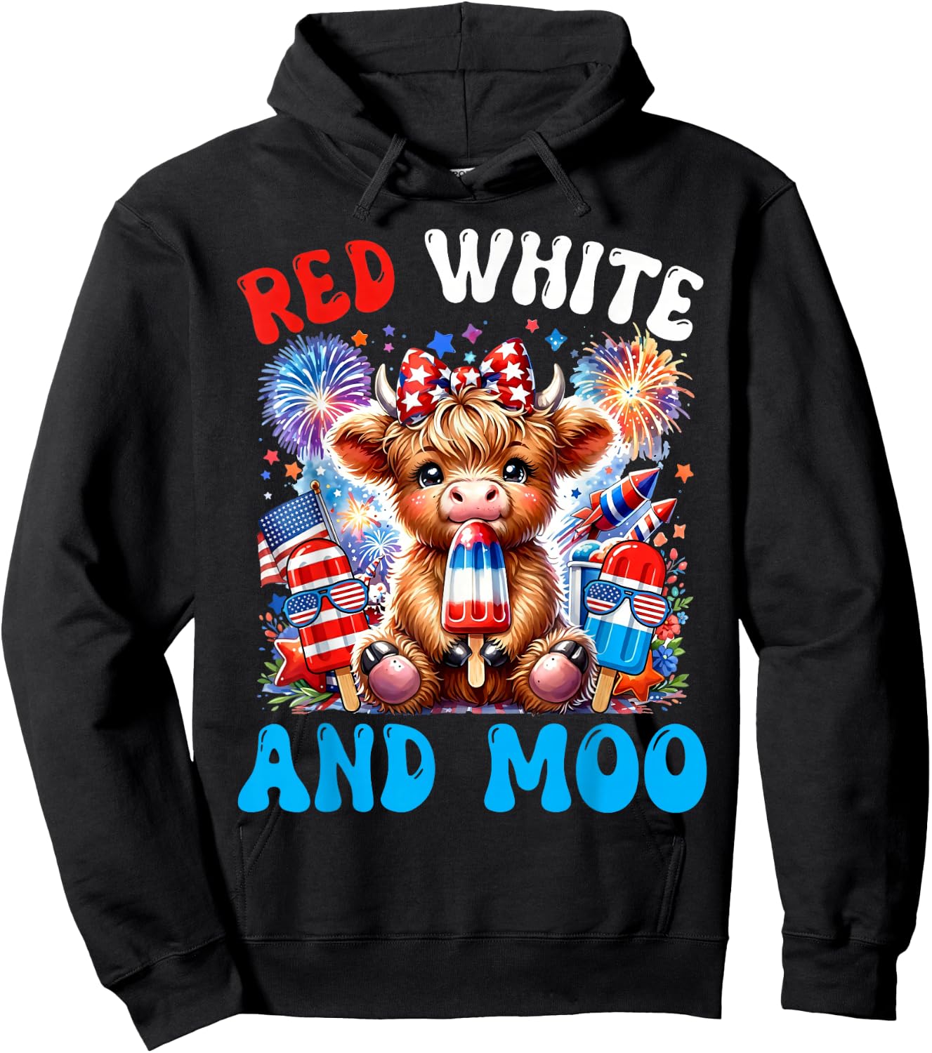 4th of July Highland Cow Popsicle Patriotic Red White & Moo Hoodie - Hoodie | Black