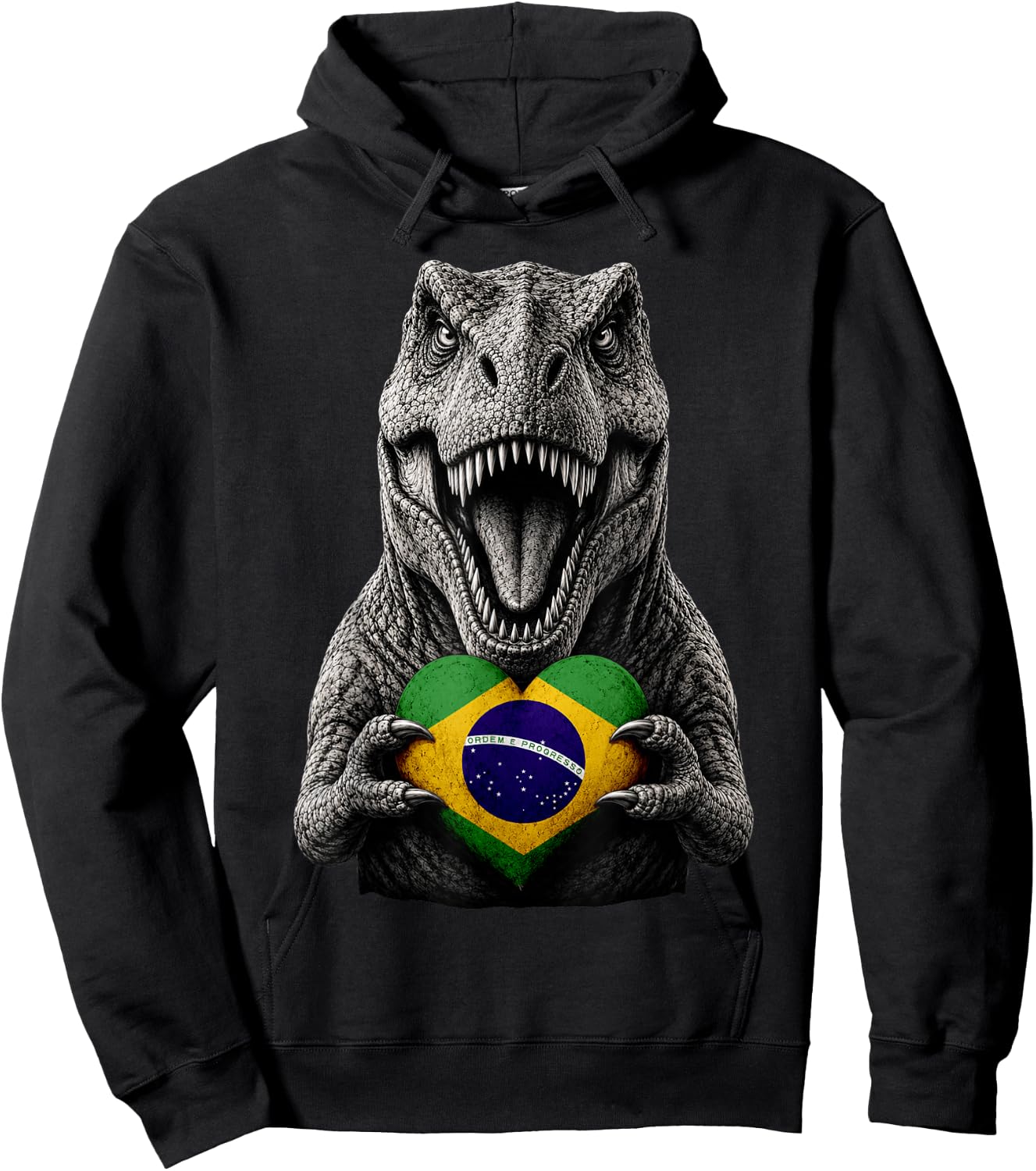 Brazilian Flag Heart Pride Dinosaur Heritage T-Rex Brazil Hoodie - Hoodie | Black