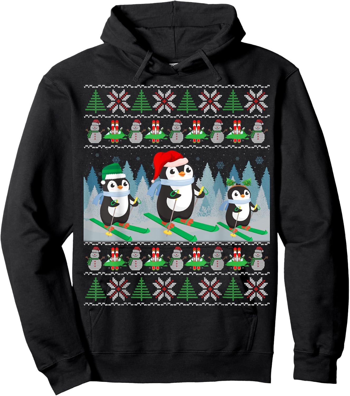 Penguin Skiing Ugly Christmas Sweater Sports Penguin Santa Hoodie - Hoodie | Black