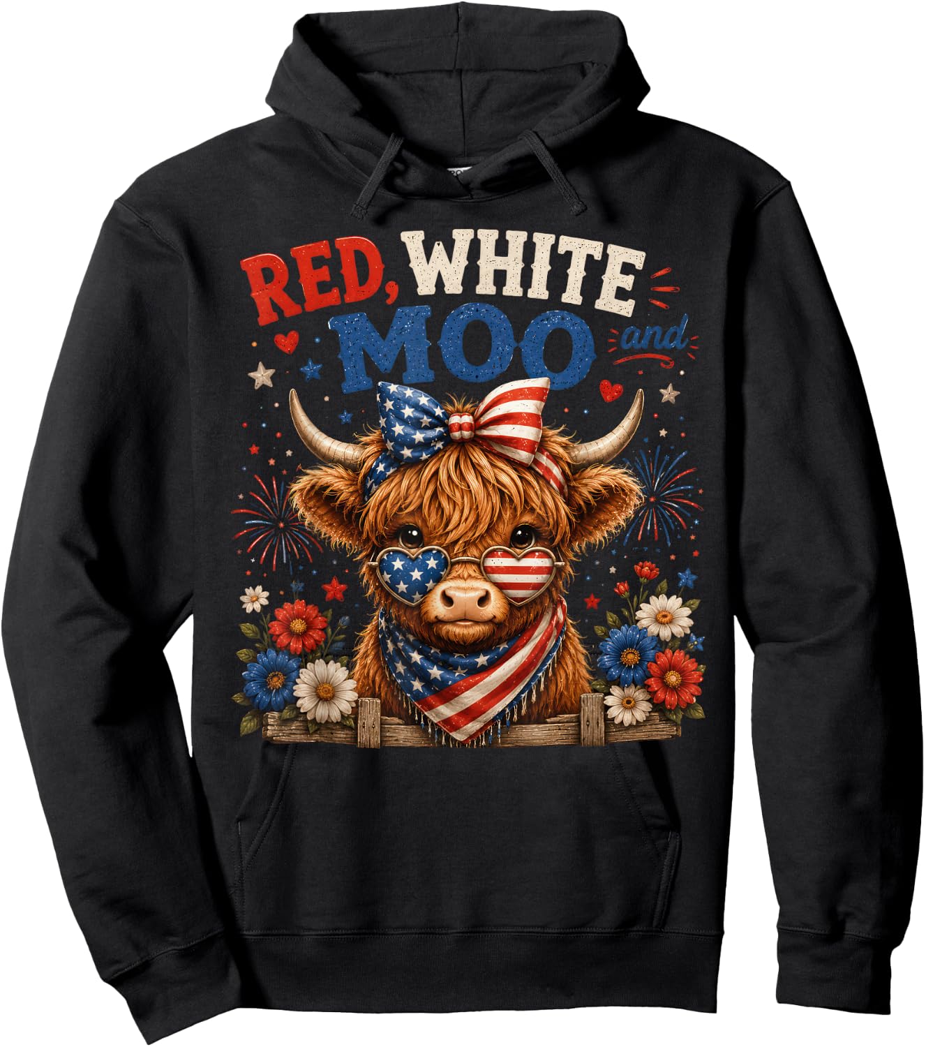 Red White and Moo Cow 4th of July 250 Years Patriotic Hoodie - Hoodie | Black