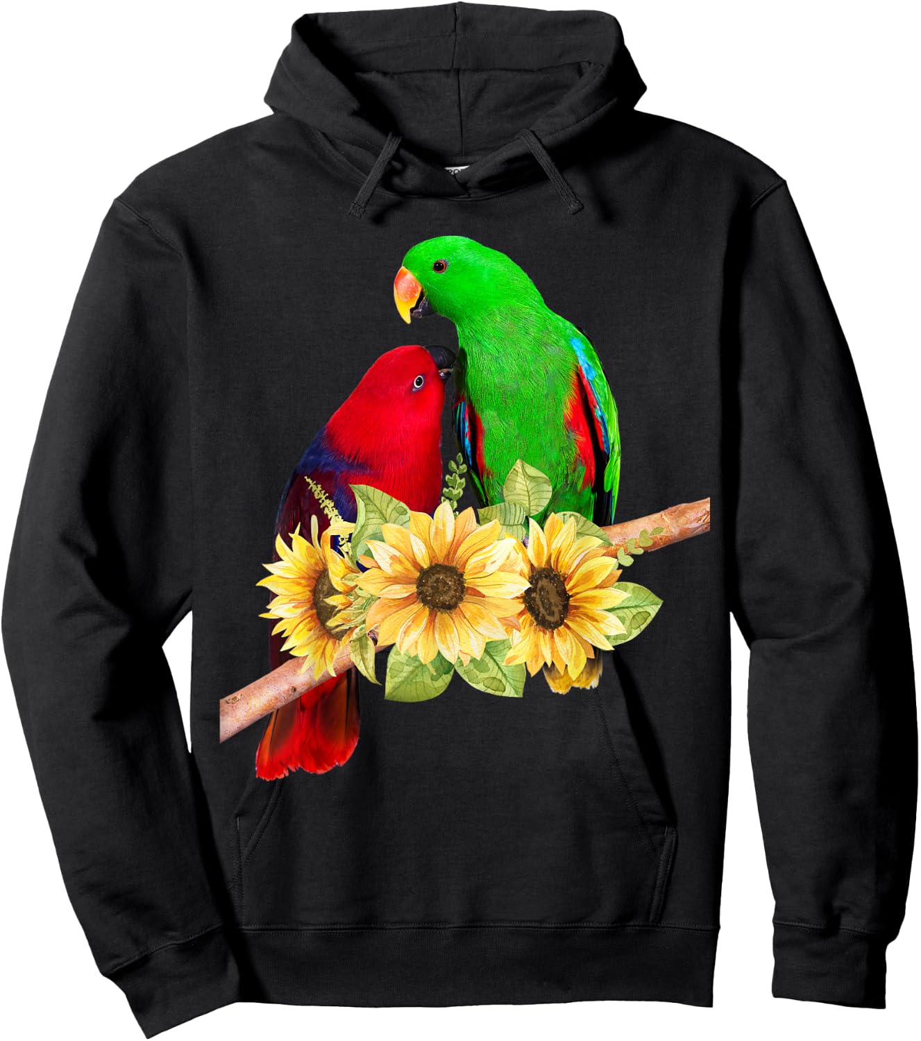 Pair of Eclectus Parrots Male Female behind sunflowers Hoodie - Hoodie | Black