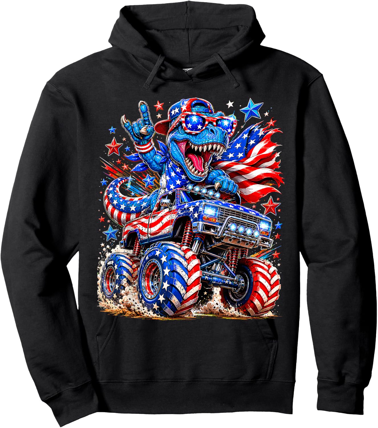 T Rex 4th of July Dinosaur American Flag USA Patriotic Hoodie - Hoodie | Black