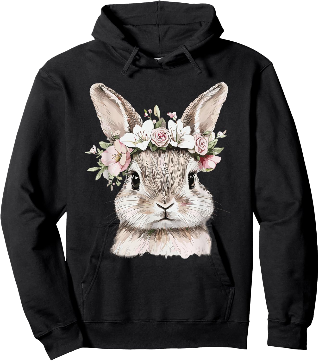 Cute Bunny with Floral Crown Illustration Hoodie - Hoodie | Black