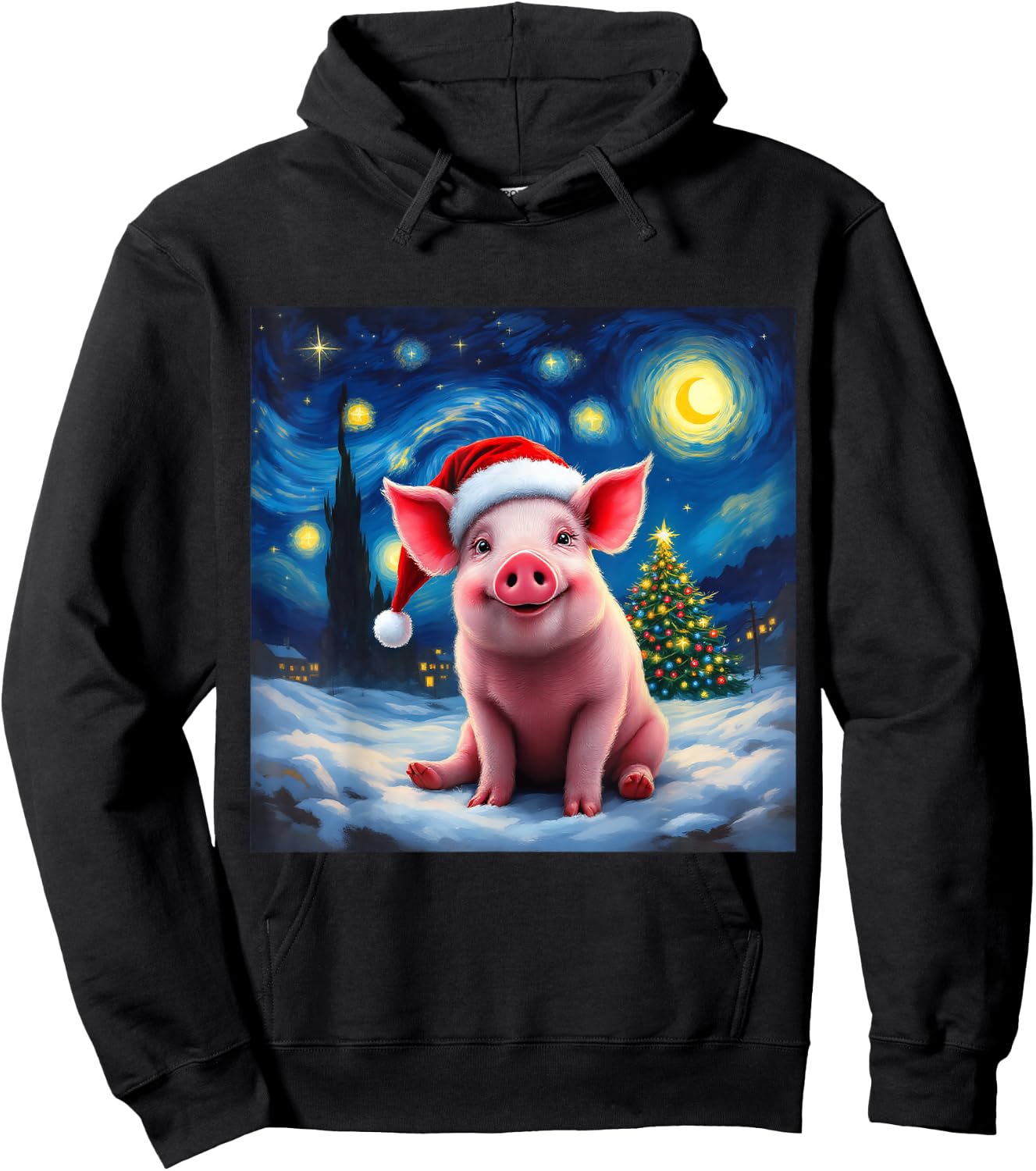 Pig Santa Hat Christmas Van Gogh Starry Night Holiday Hoodie - Hoodie | Black
