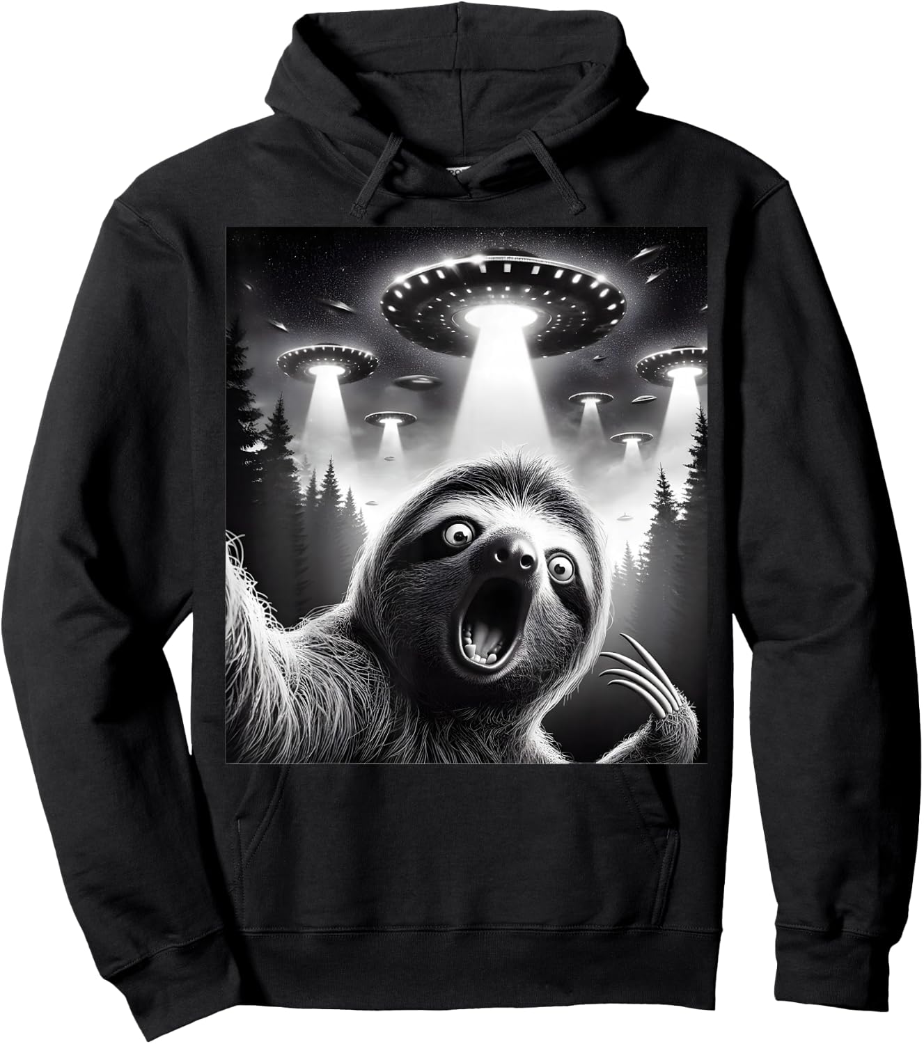 Sloth Selfie With UFO Alien Funny Sloth Lover Hoodie - Hoodie | Black
