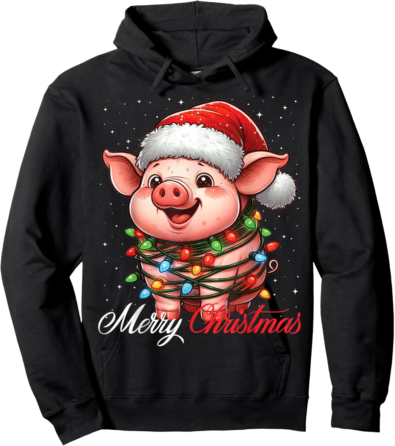 Pig Merry Christmas Lights Santa Hat Xmas Snow Hoodie - Hoodie | Black