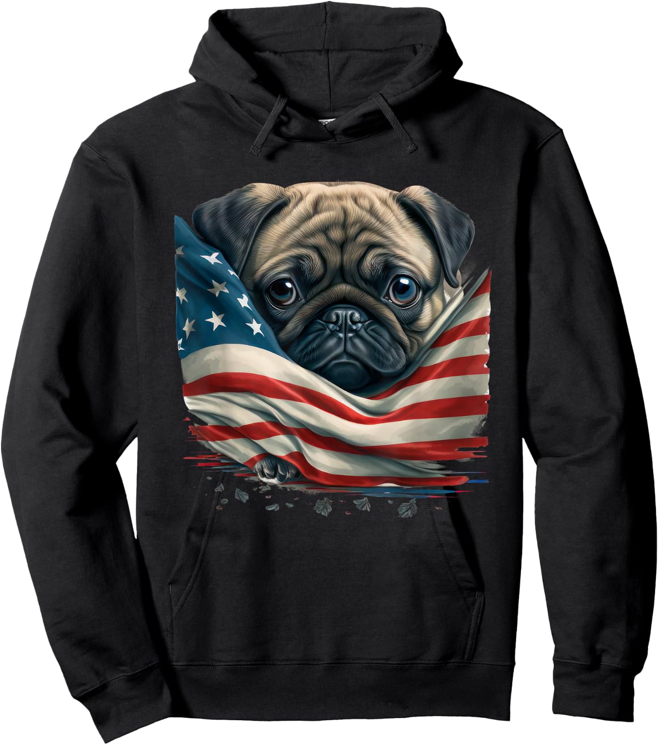 American Flag Pug | USA Patriotic Pug Dog | Funny Pug Lover Hoodie - Hoodie | Black
