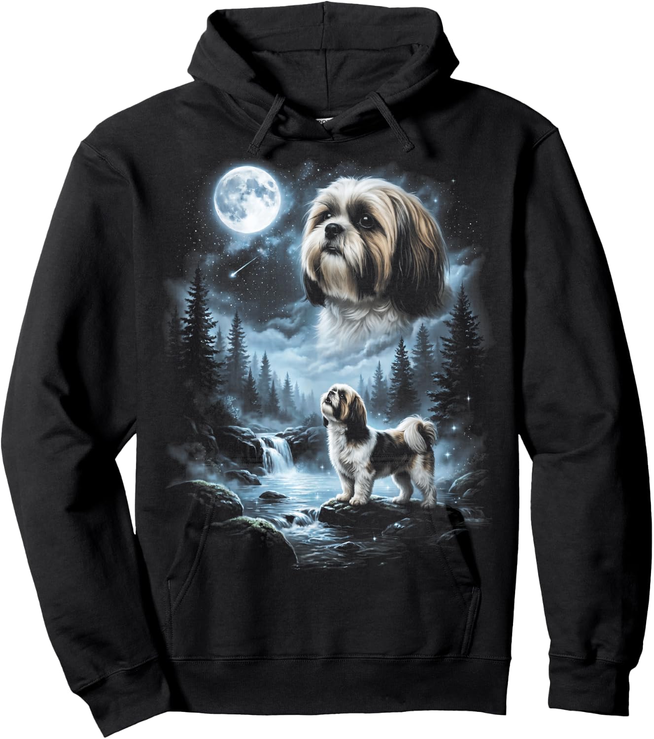 Shih Tzu Howling to the Moon Retro 90's Dog Hoodie - Hoodie | Black
