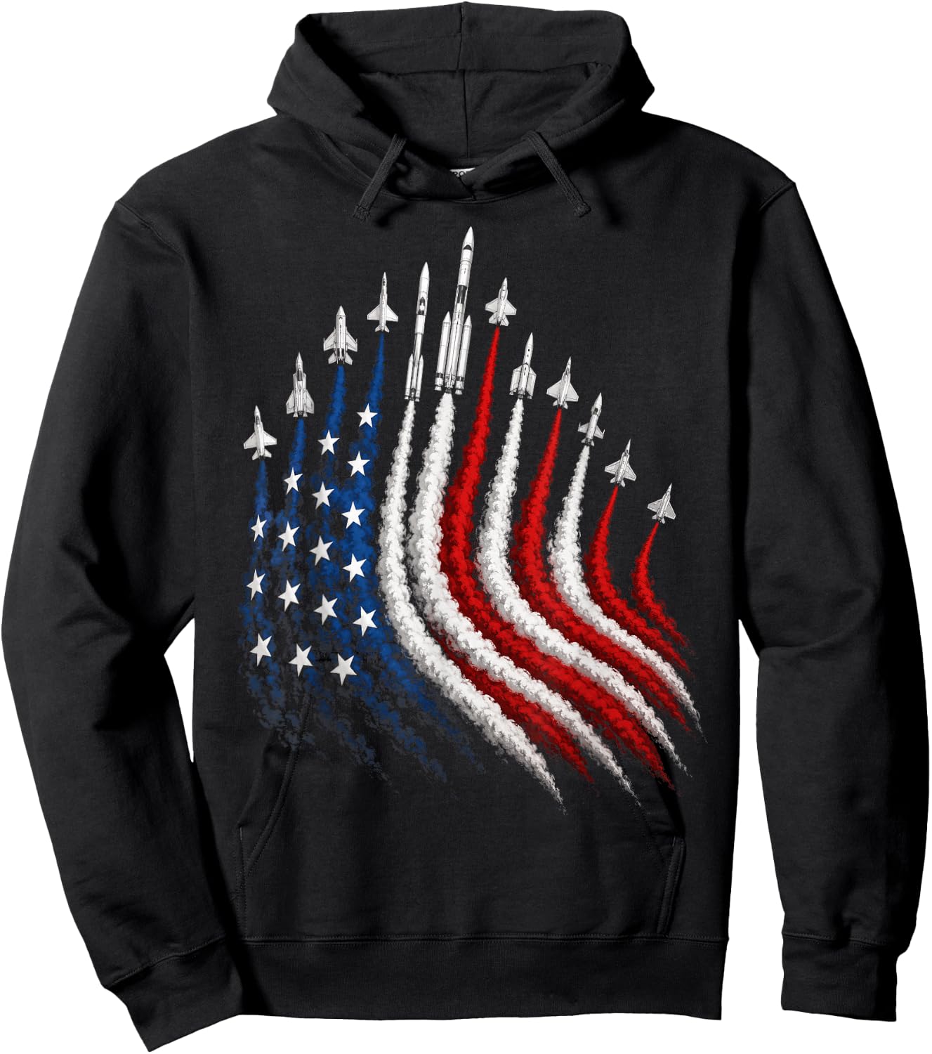 4th of July Space Rockets Patriotic USA Smoke Trail Hoodie - Hoodie | Black