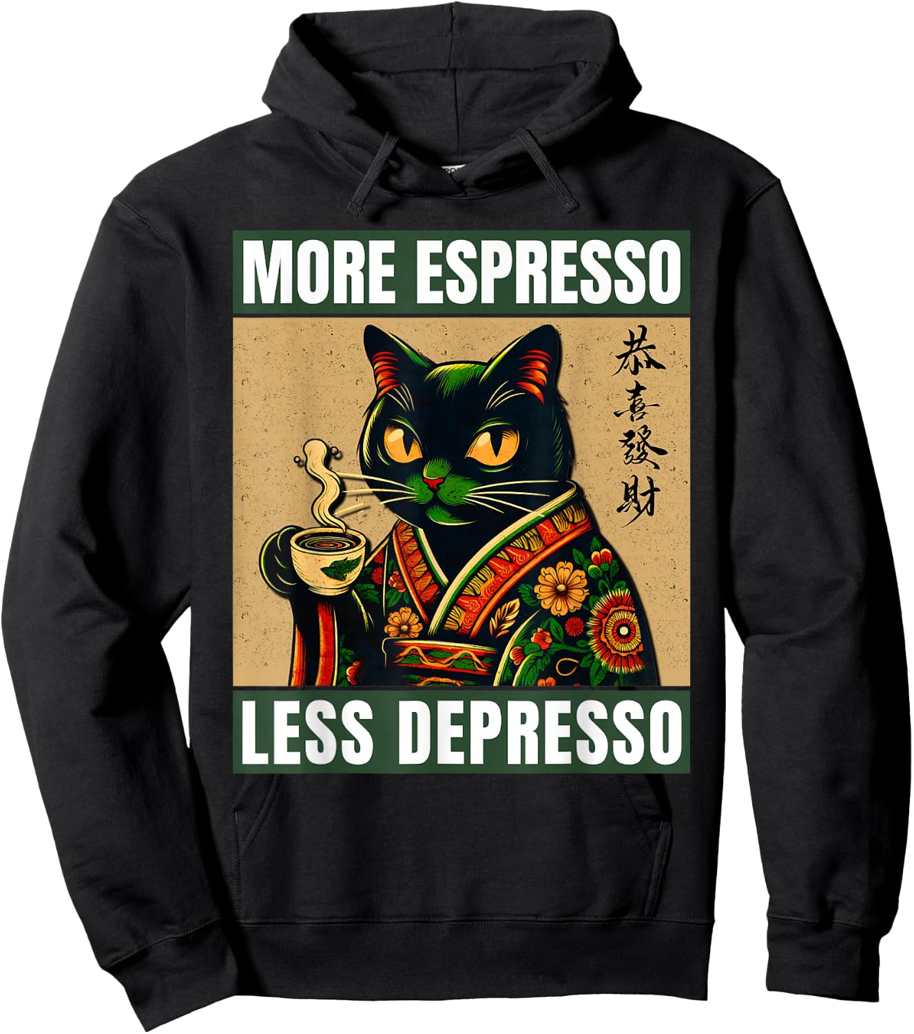 More Espresso Less Depresso Japanese Funny Cat Hoodie - Hoodie | Black