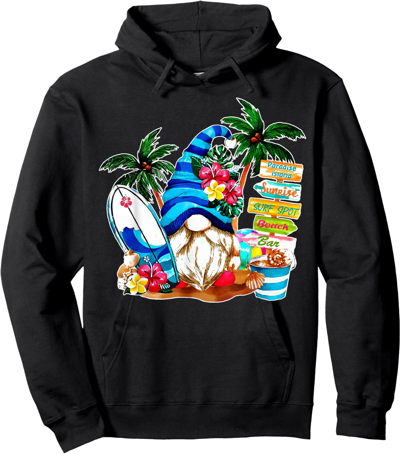 Holiday Beach Gnome Flower Palm Tree Surf Vacation Gnomies Hoodie - Hoodie | Black