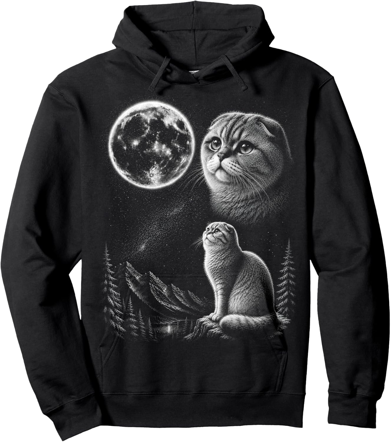 Scottish Fold Cat Howling to the Moon 90's Retro Hoodie - Hoodie | Black