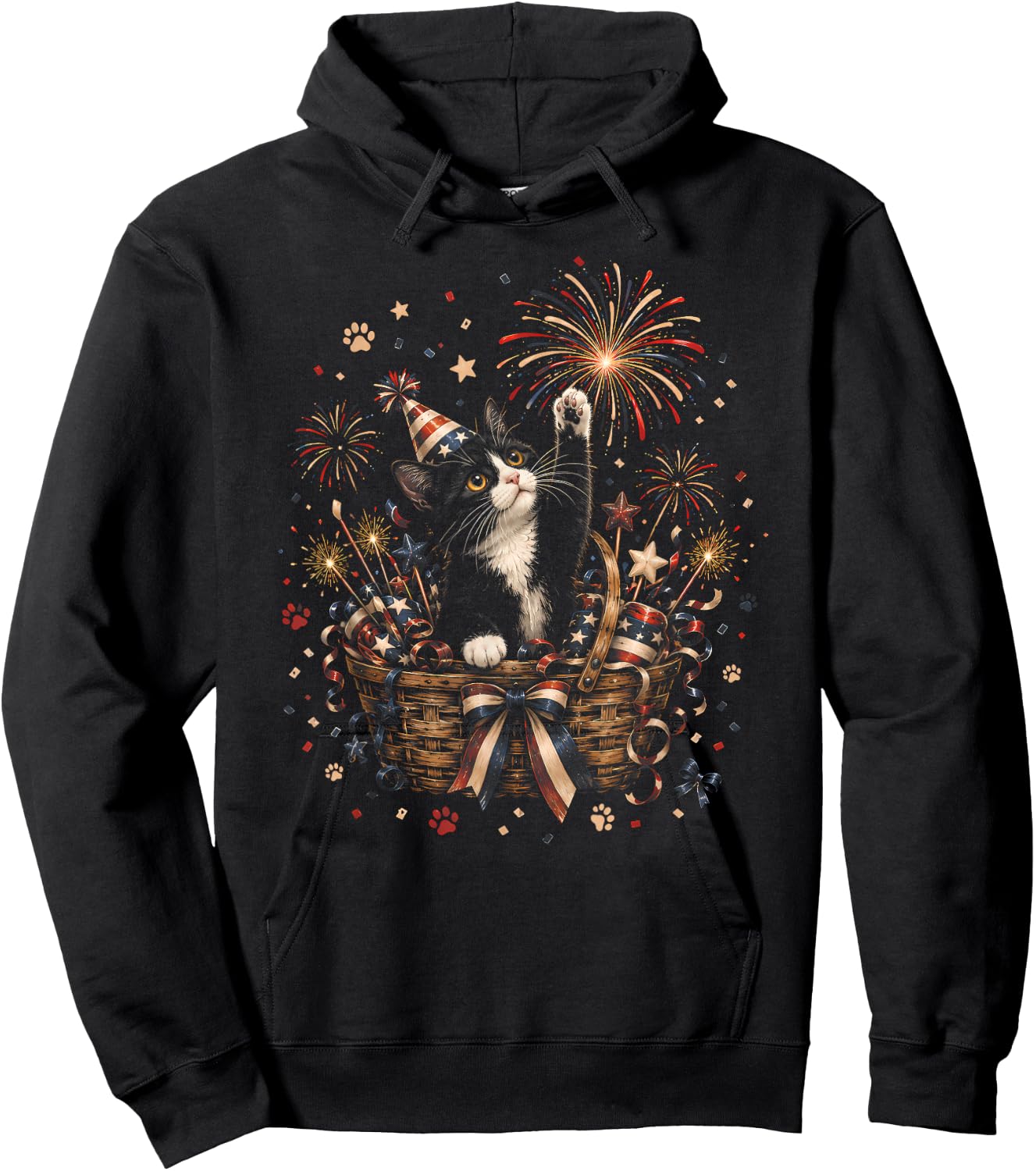 Patriotic Cat 4th of July American Flag Bow Girls Women Hoodie - Hoodie | Black