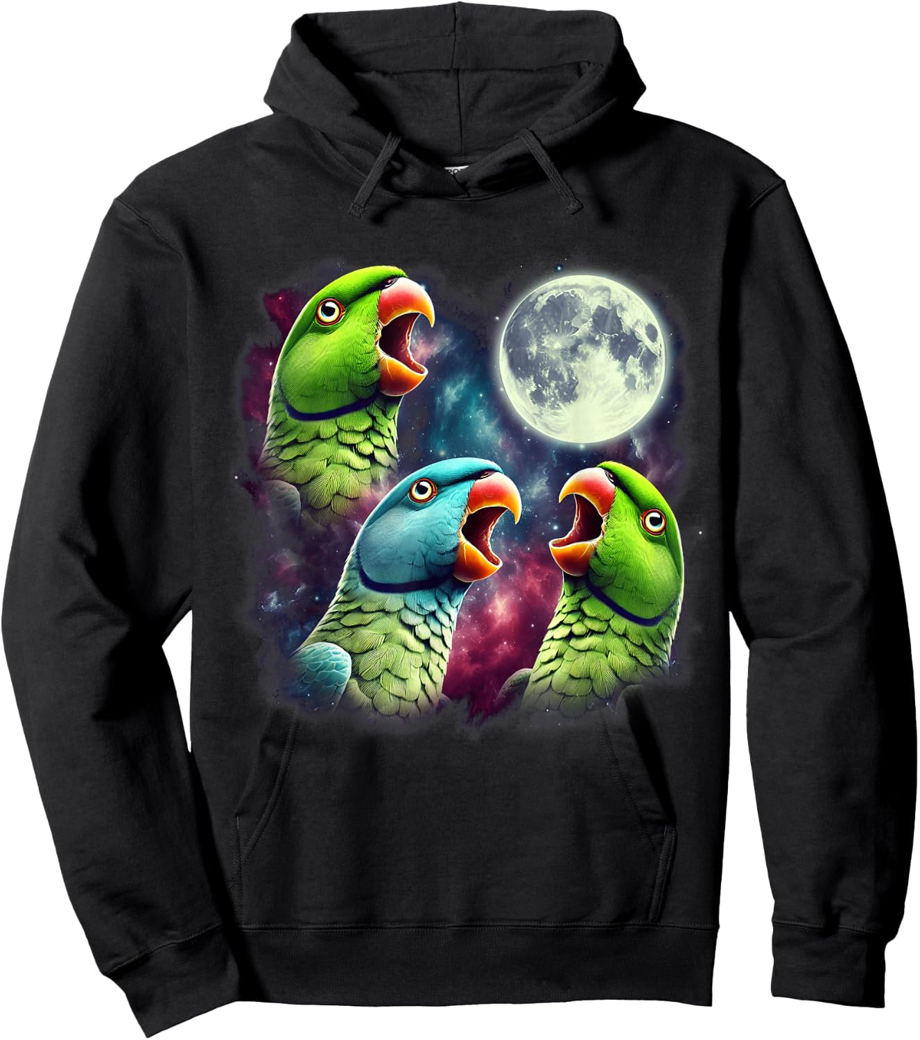 Three Indian Ringneck Parrots Howling at Moon Funny Meme Hoodie - Hoodie | Black