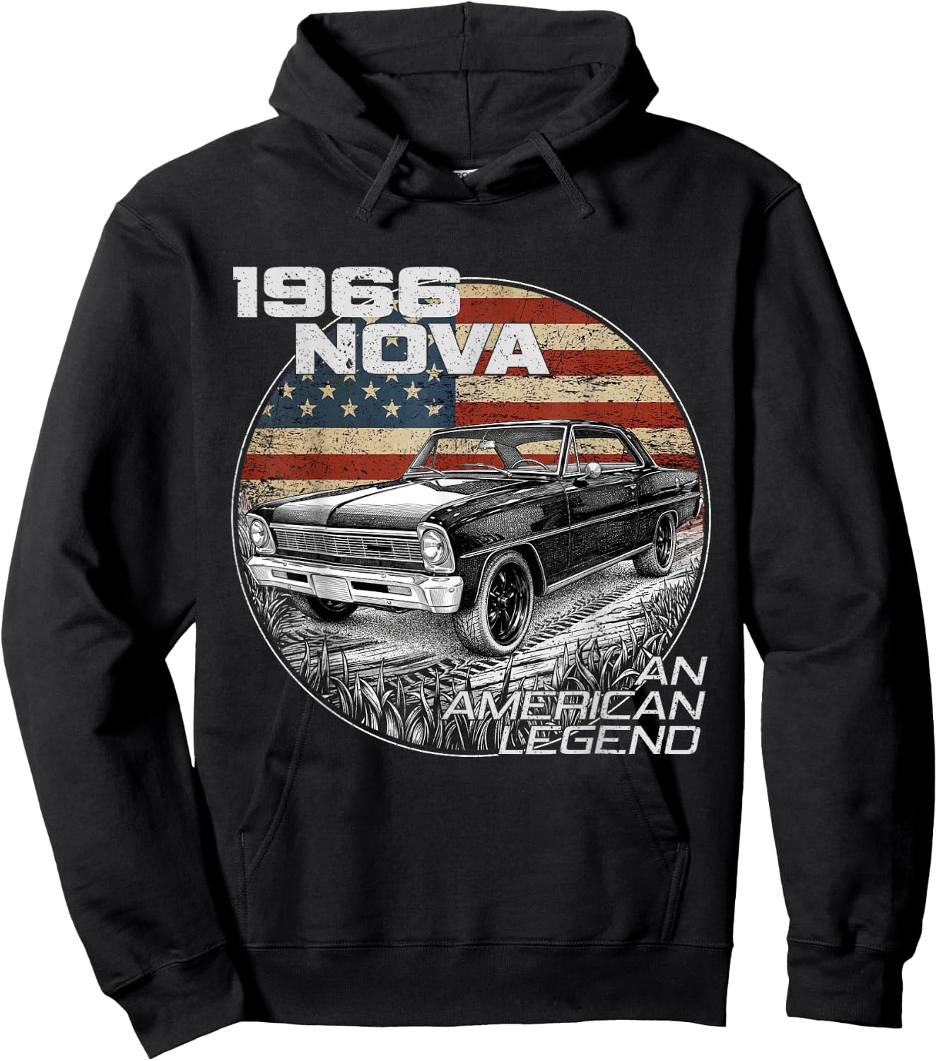 1966 66 Nova Silhouette Muscle Car American Flag Hoodie - Hoodie | Black