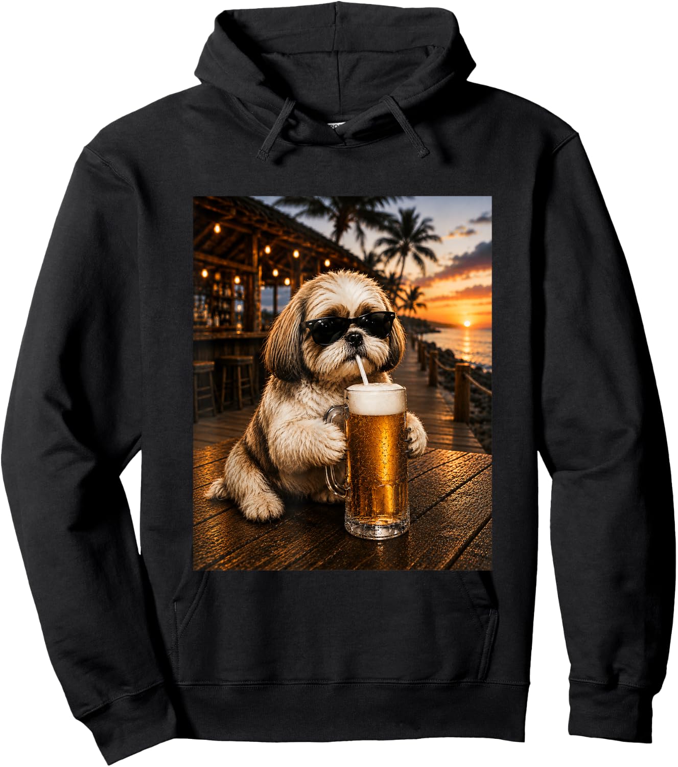 Funny Shih Tzu Drinking Beer Beach Sunset Men Women Hoodie - Hoodie | Black