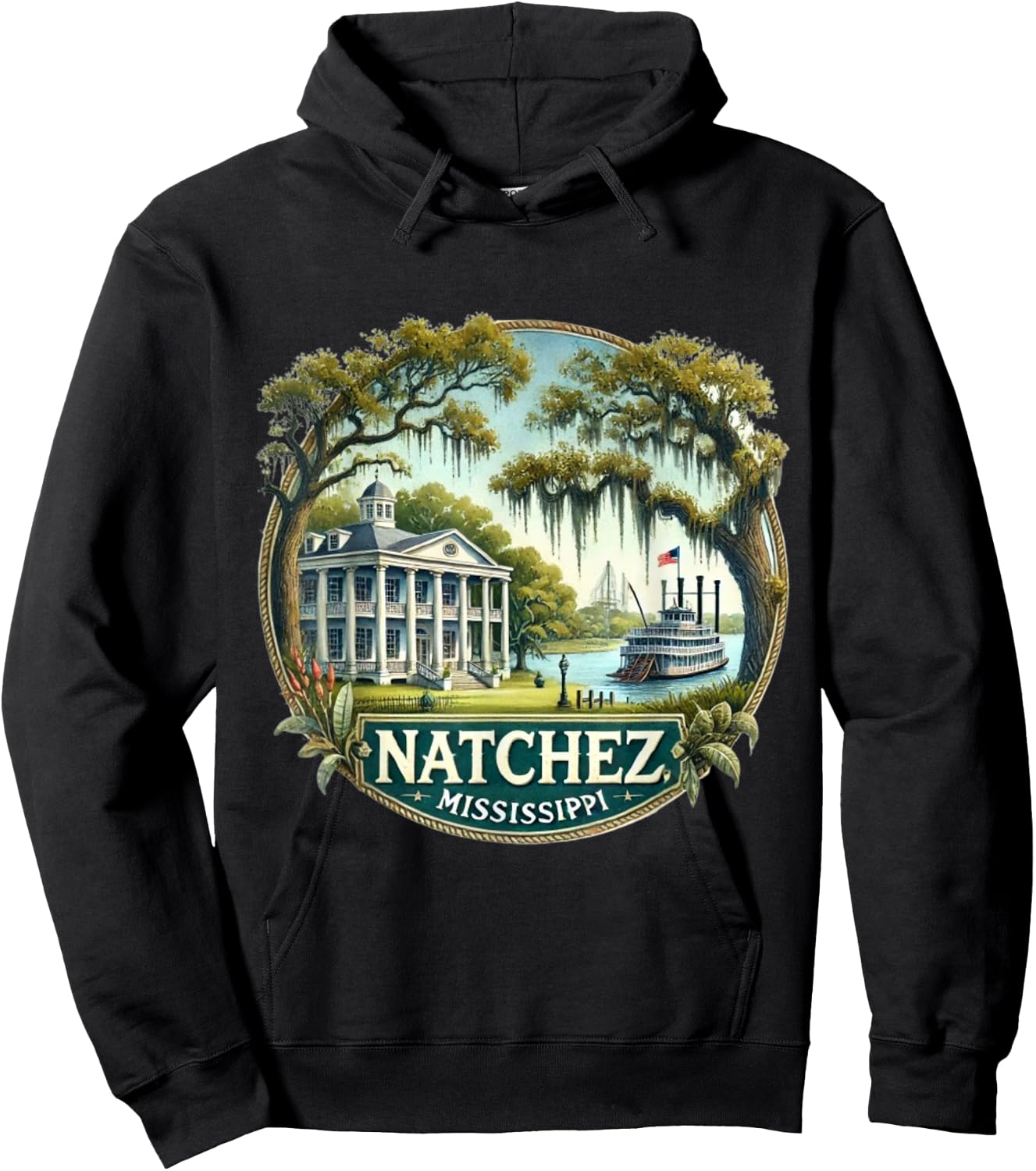 Natchez, MS Mississippi River Boat Plantation Hoodie - Hoodie | Black