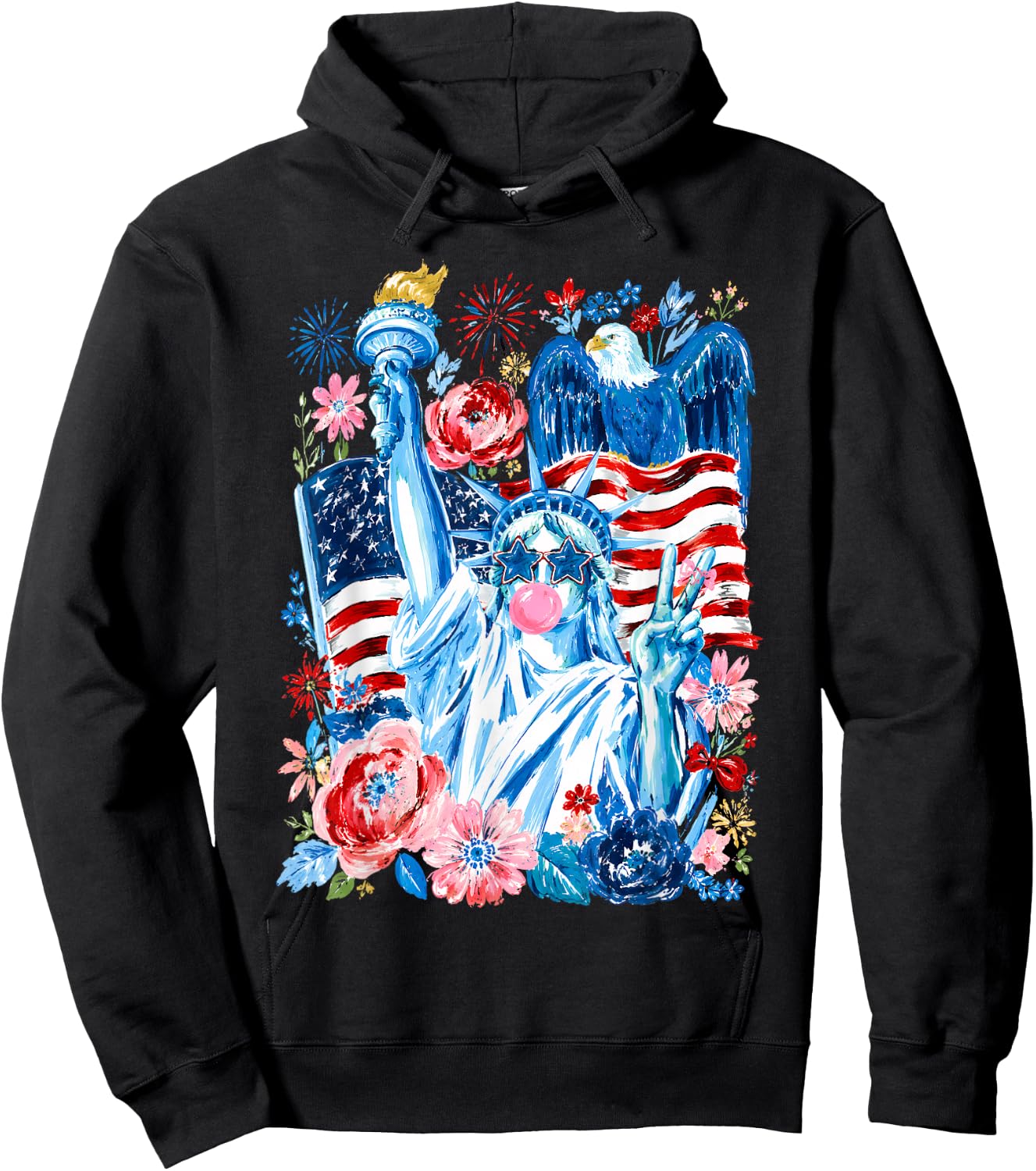Brushstroke Statue of Liberty Blowing Bubble Gum 4th of July Hoodie - Hoodie | Black