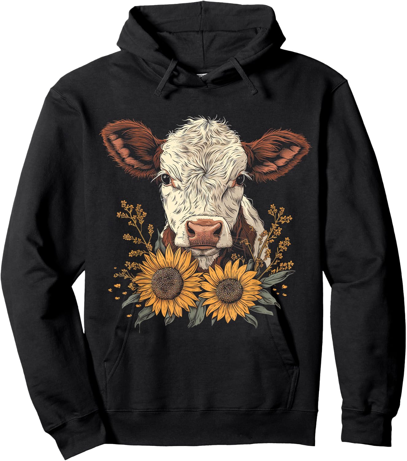 Cow Sunflowers Cute Baby Cow Vintage Farm Animals Farmer Hoodie - Hoodie | Black