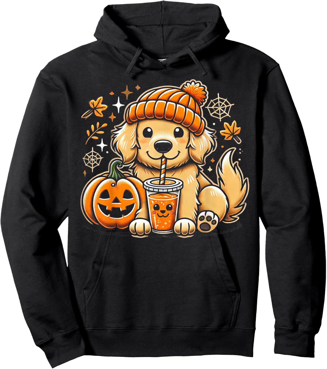 Cute Golden Retriever in Autumn with Pumpkin Drink Hoodie - Hoodie | Black