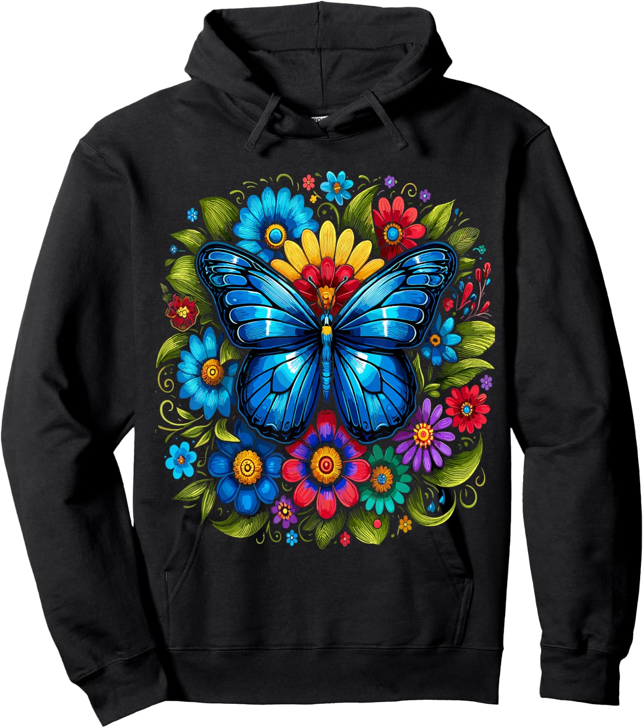 Blue Butterfly With Flowers Garden Beautiful Butterflies Hoodie - Hoodie | Black