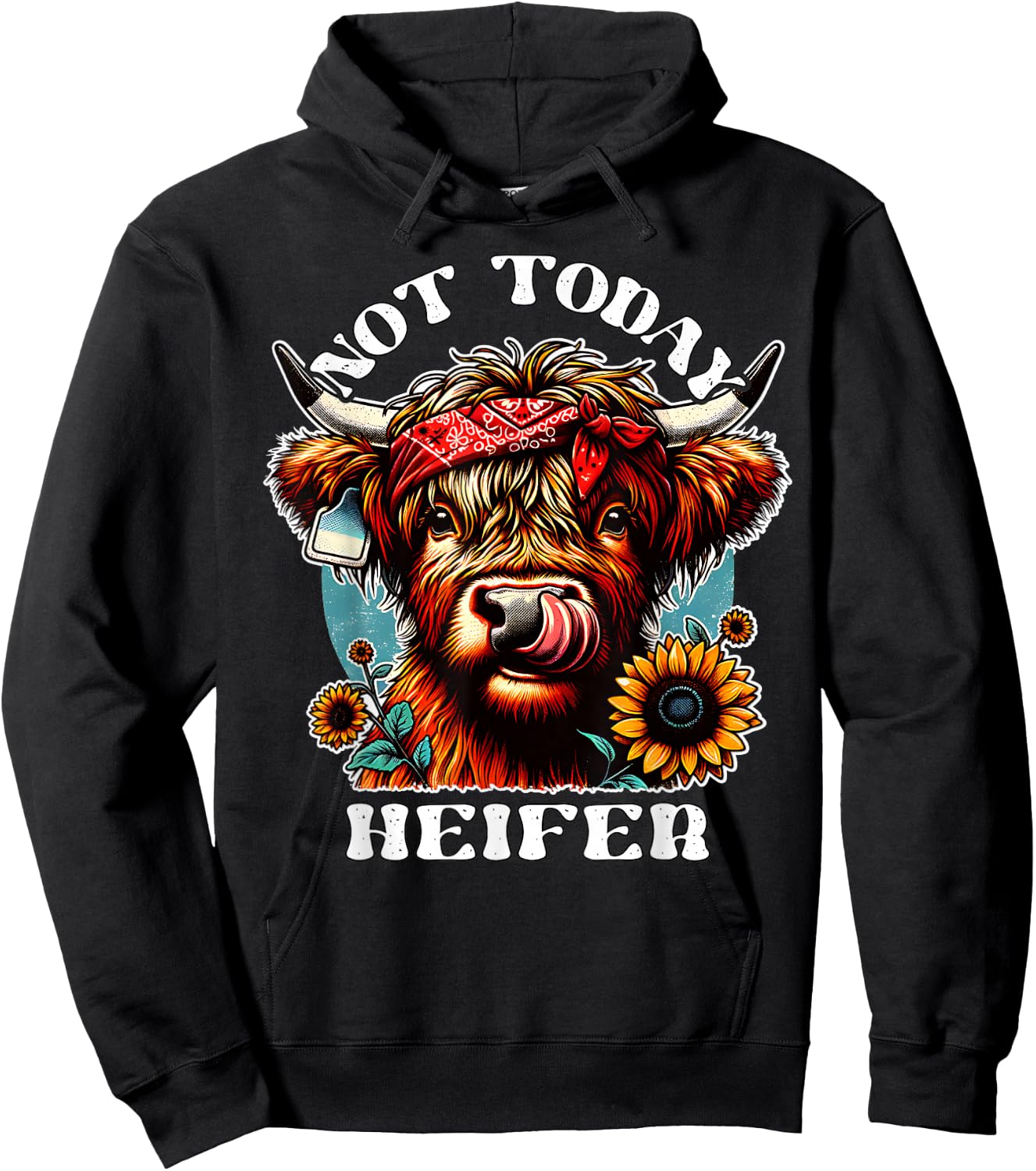 Not Today Heifer Retro Highland Cow Bandana Sunflowers Hoodie - Hoodie | Black