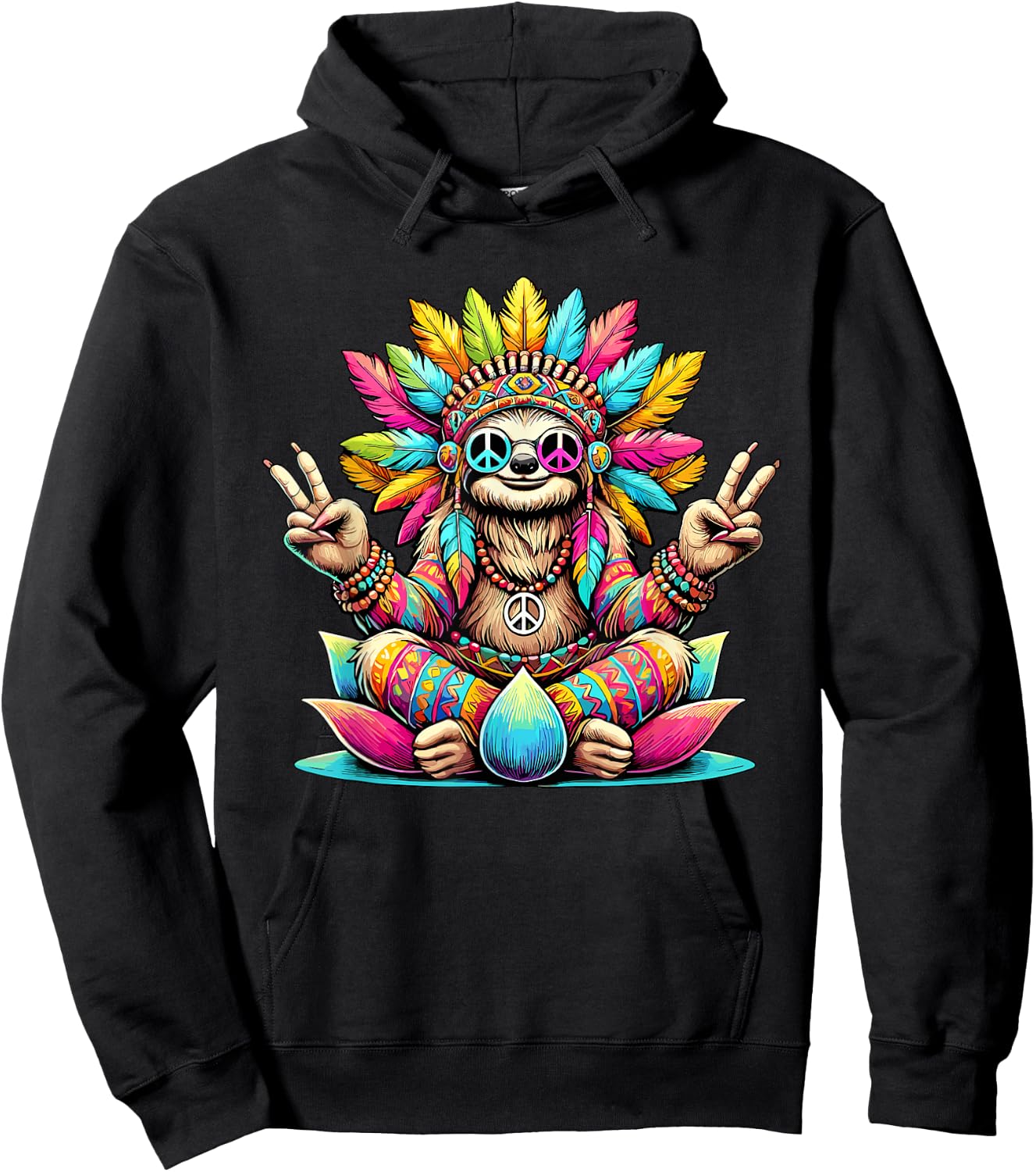 Hippie Sloth, Peace Sign, 70s Party & Costume 60s 70s , Black, S Hoodie - Hoodie | Black