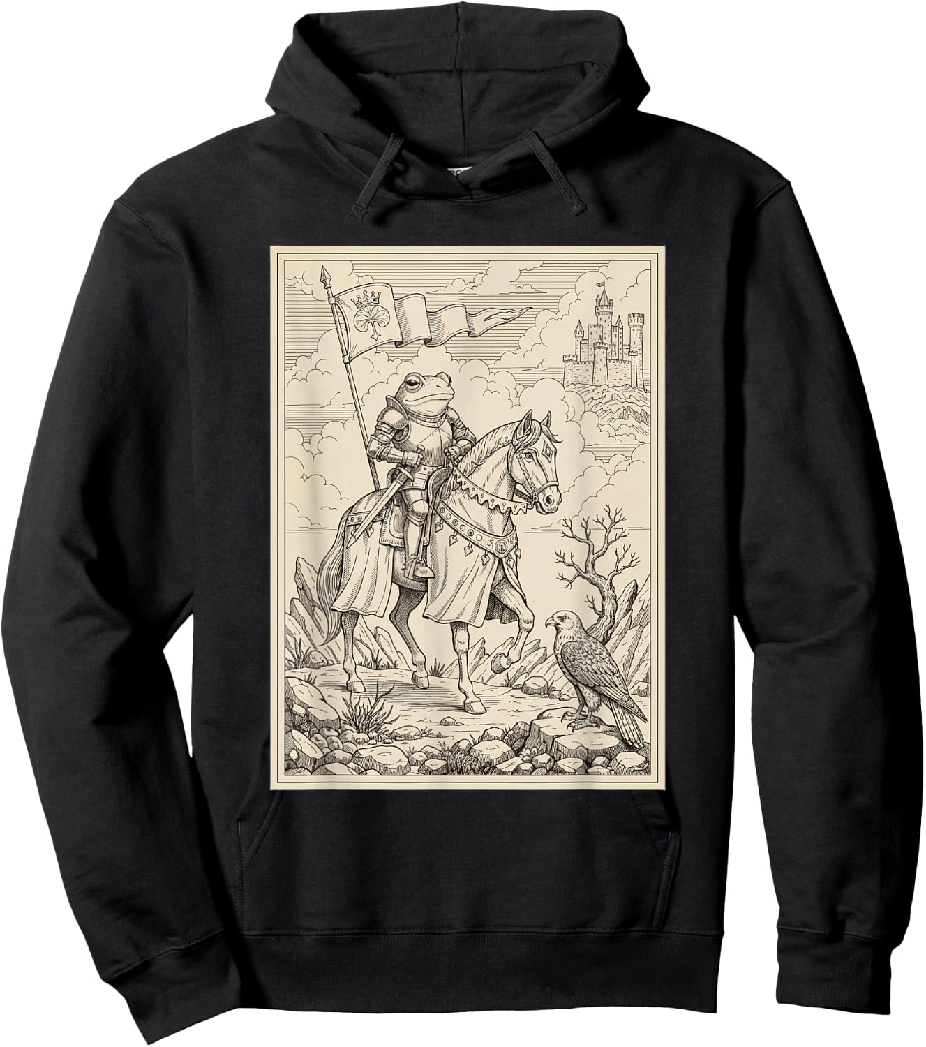 Knight Frog Vintage Illustration Medieval Castle Fantasy Hoodie - Hoodie | Black
