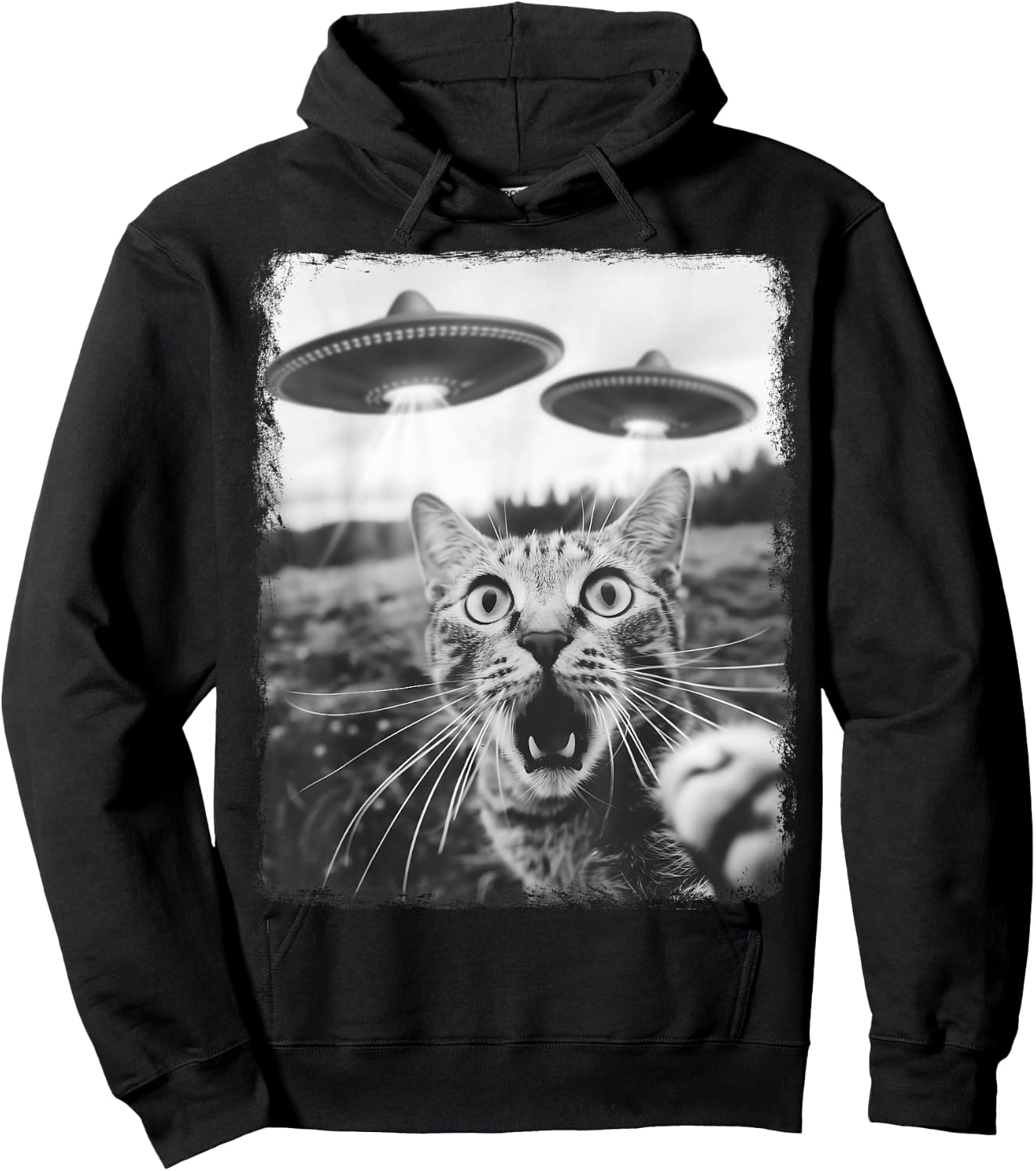 Alien Selfie Alien UFO Tabby Cat , Black, S Hoodie - Hoodie | Black
