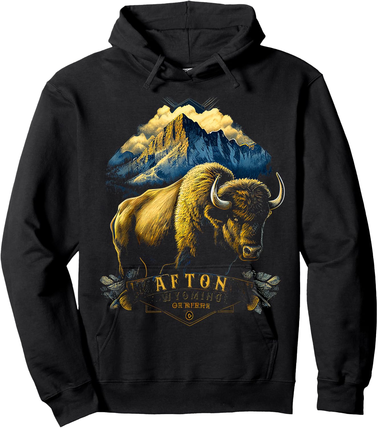 Vintage Afton Wyoming Mountains Bison Western Hoodie - Hoodie | Black