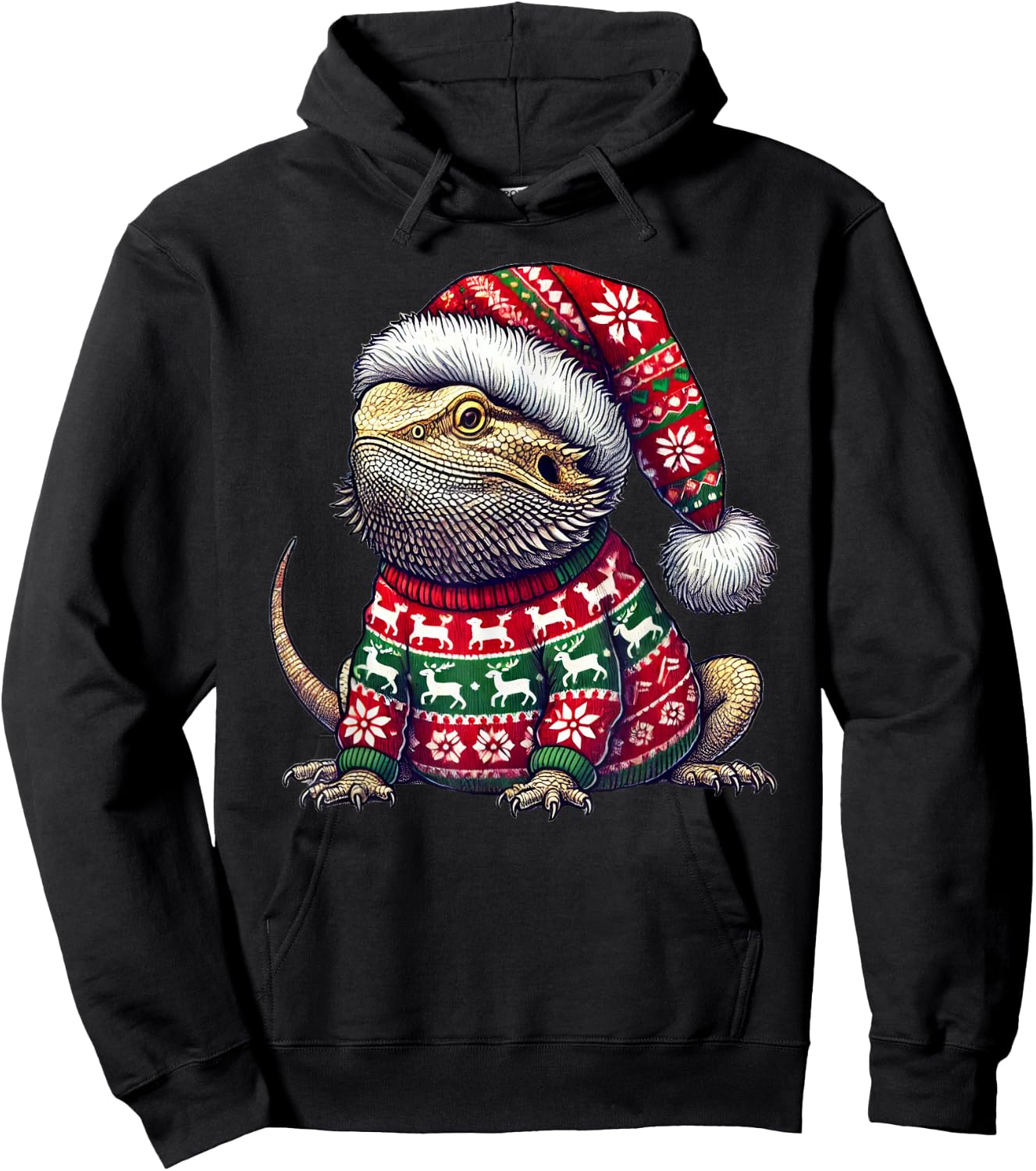 Bearded Dragon Ugly Sweater Santa Hat Christmas Hoodie - Hoodie | Black
