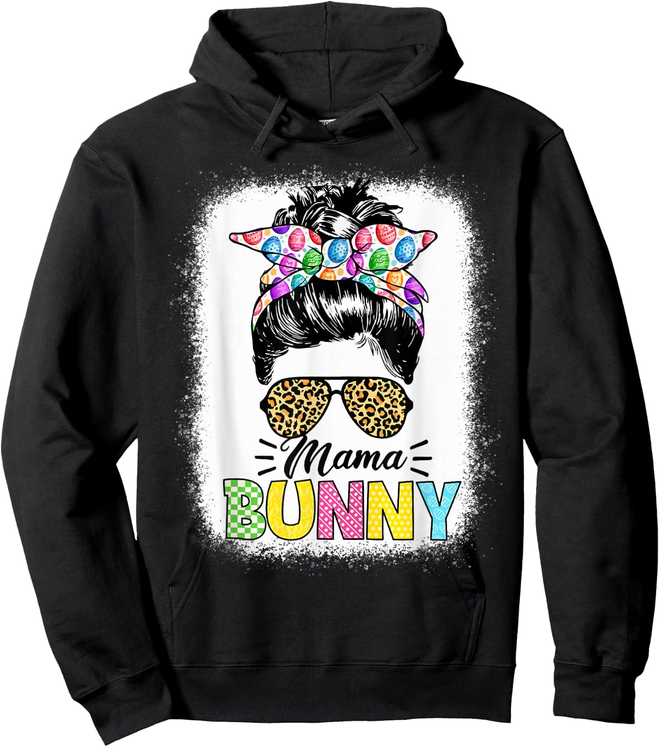 Mama Bunny Shirt Easter Mom Messy Bun Leopard Hoodie - Hoodie | Black