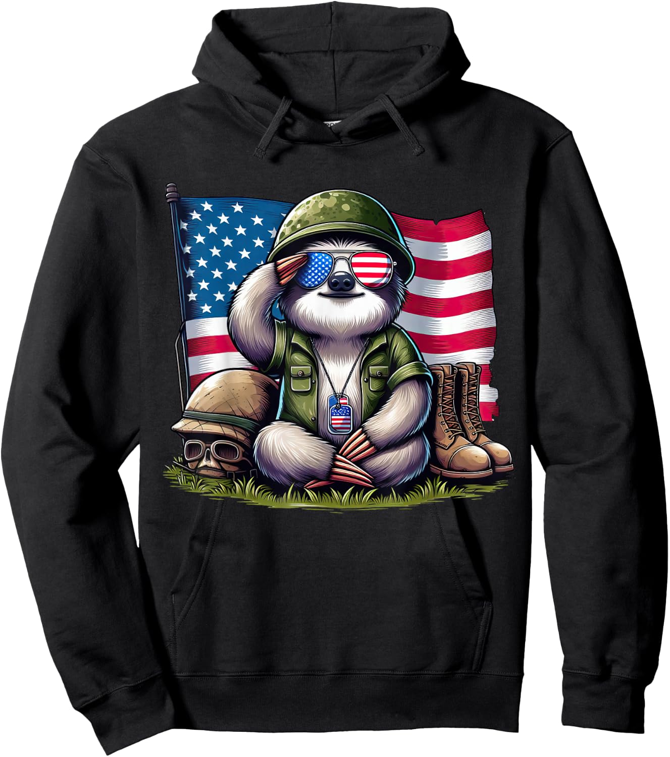 Salute Sloth American USA Flag Memorial Day 4th of July Hoodie - Hoodie | Black