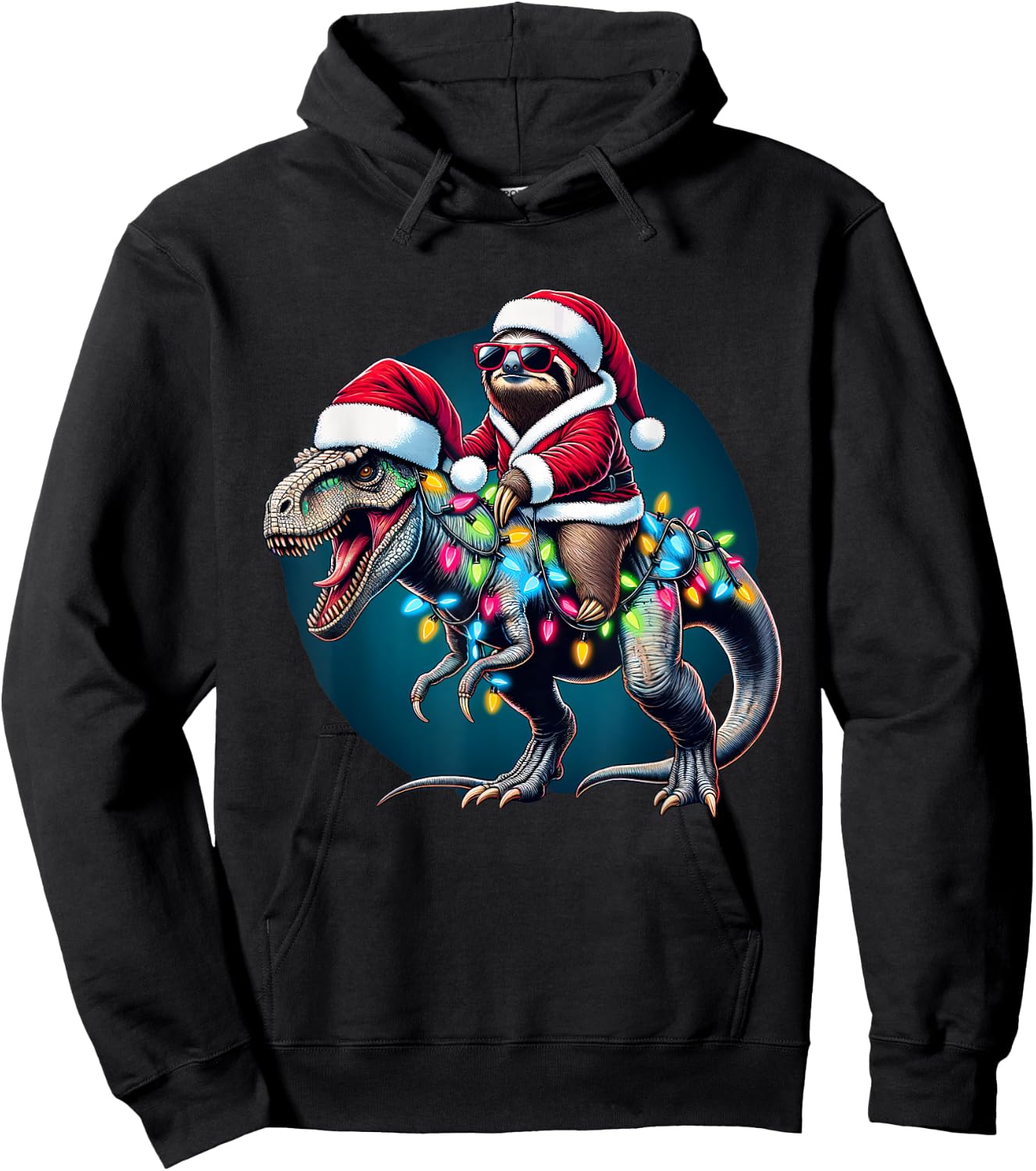 Christmas Lights Sloth Riding T Rex Hoodie - Hoodie | Black