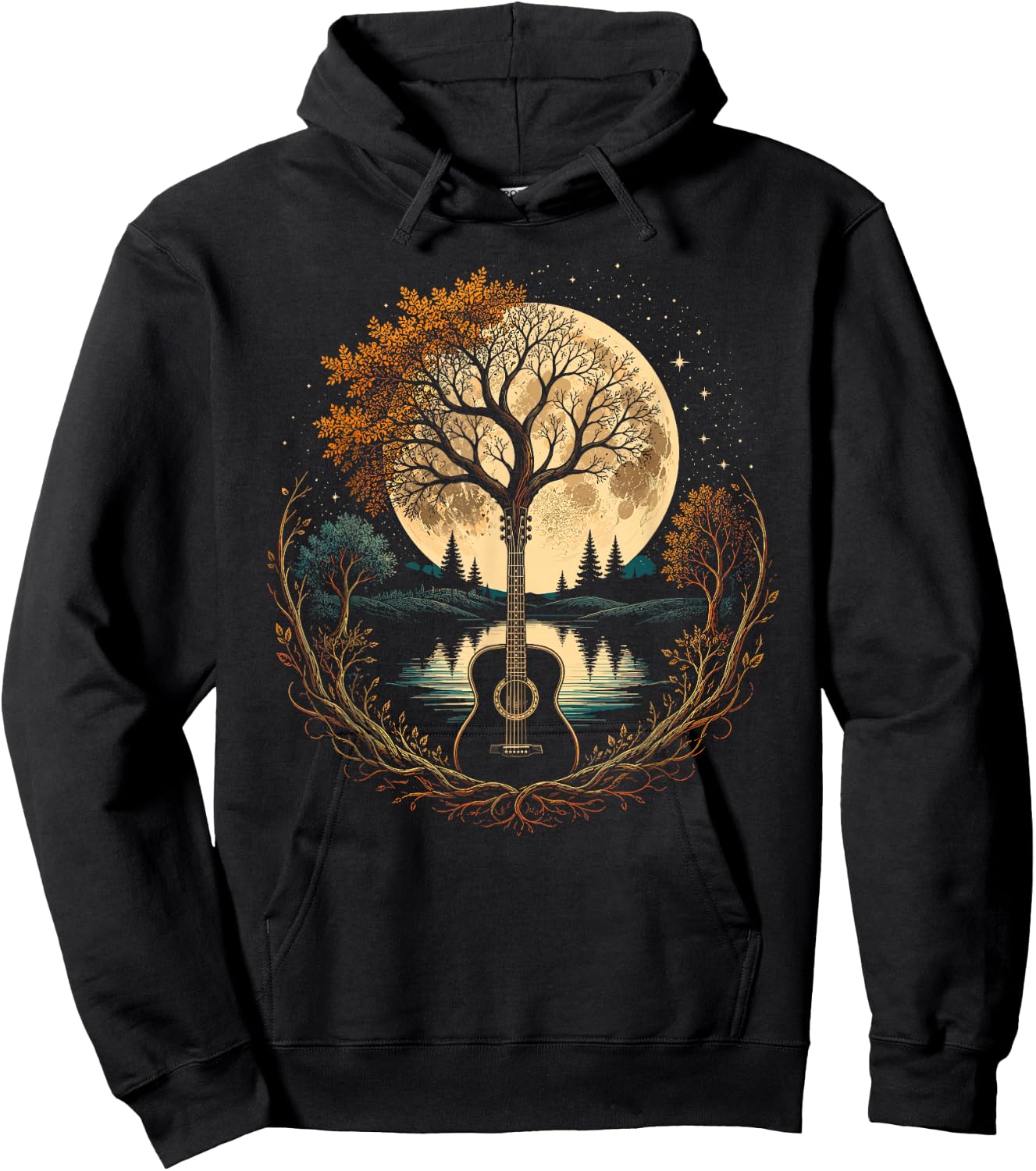 Acoustic Guitar Tree By The Lake Autumn Moon Hoodie - Hoodie | Black