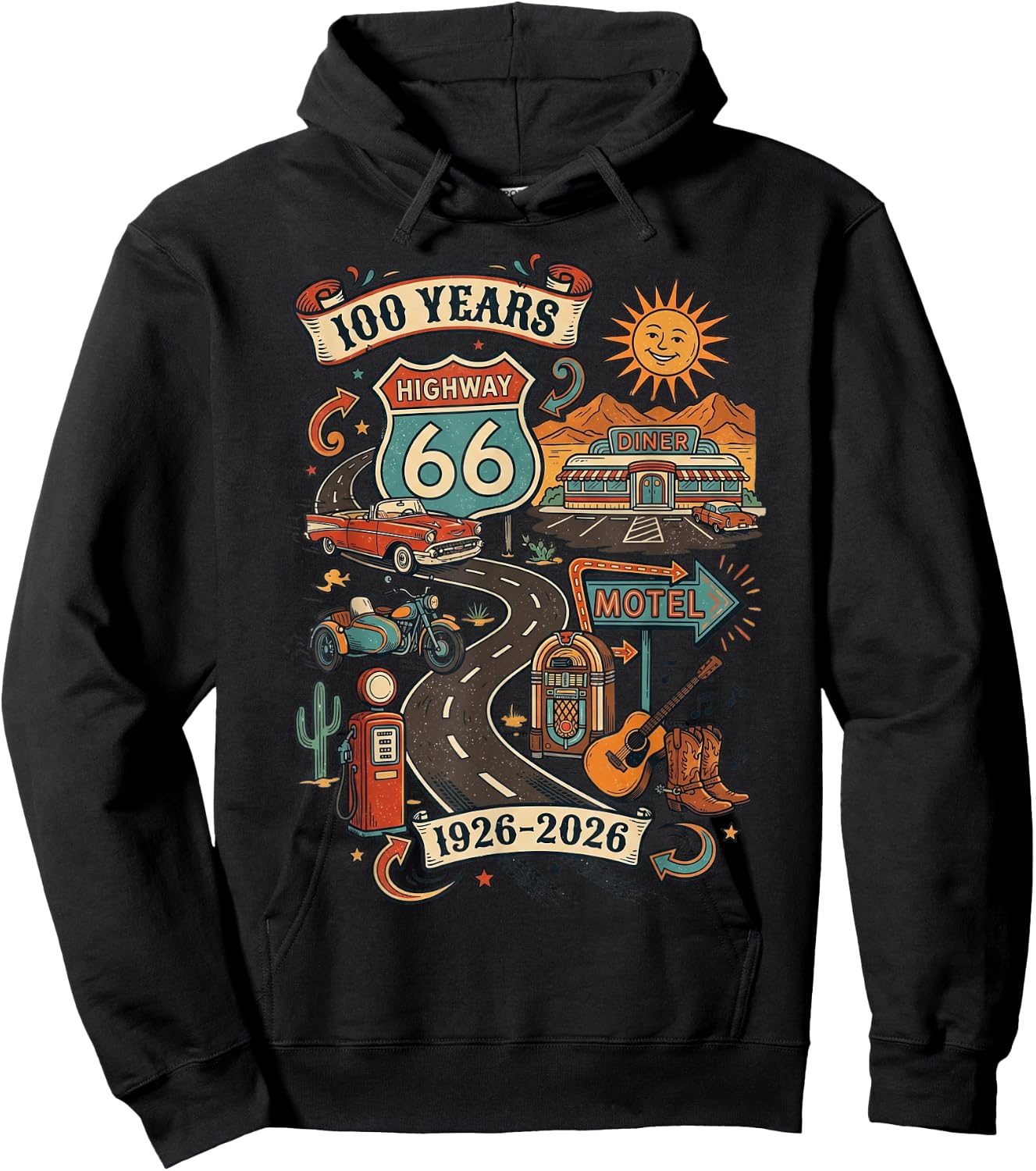 Highway 66 100 Years Centennial 1926-2026 Road Trip Vintage Hoodie - Hoodie | Black