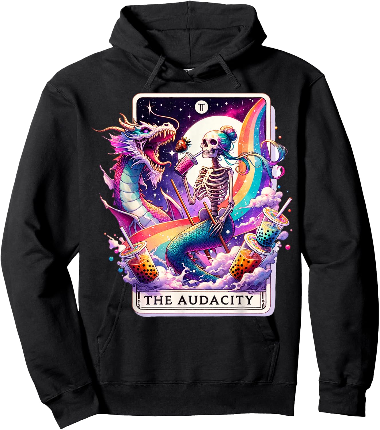 The Audacity Tarot Mermaid Skeleton Messy Bun Rainbow Boba Hoodie - Hoodie | Black