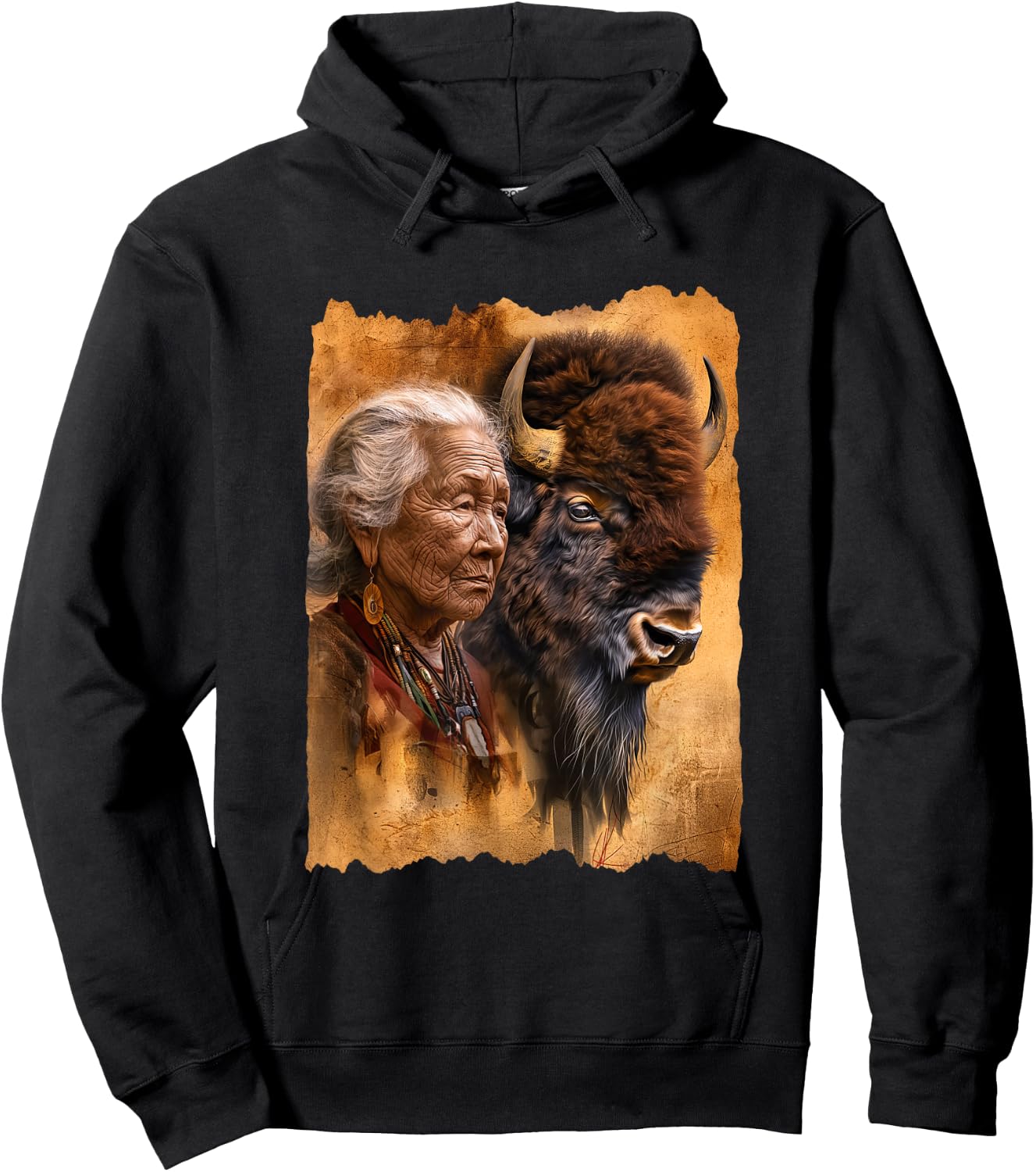 Native American Woman With Buffalo Or Bison Hoodie - Hoodie | Black