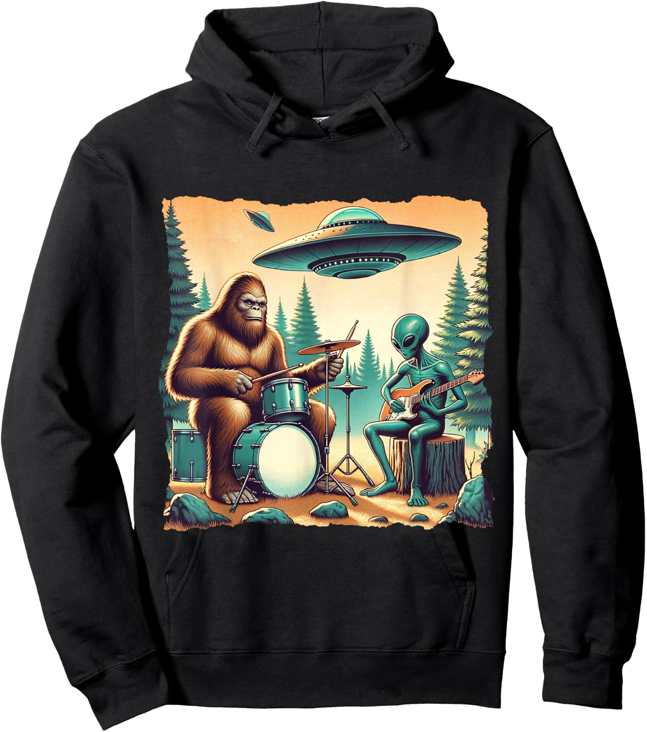 Funny UFO Alien and bigfoot lovers Bigfoot With Drums And Alien Playing Electric Guitar - -Adults, -Kids - Black - Small - Short Sleeve Hoodie - Hoodie | Black