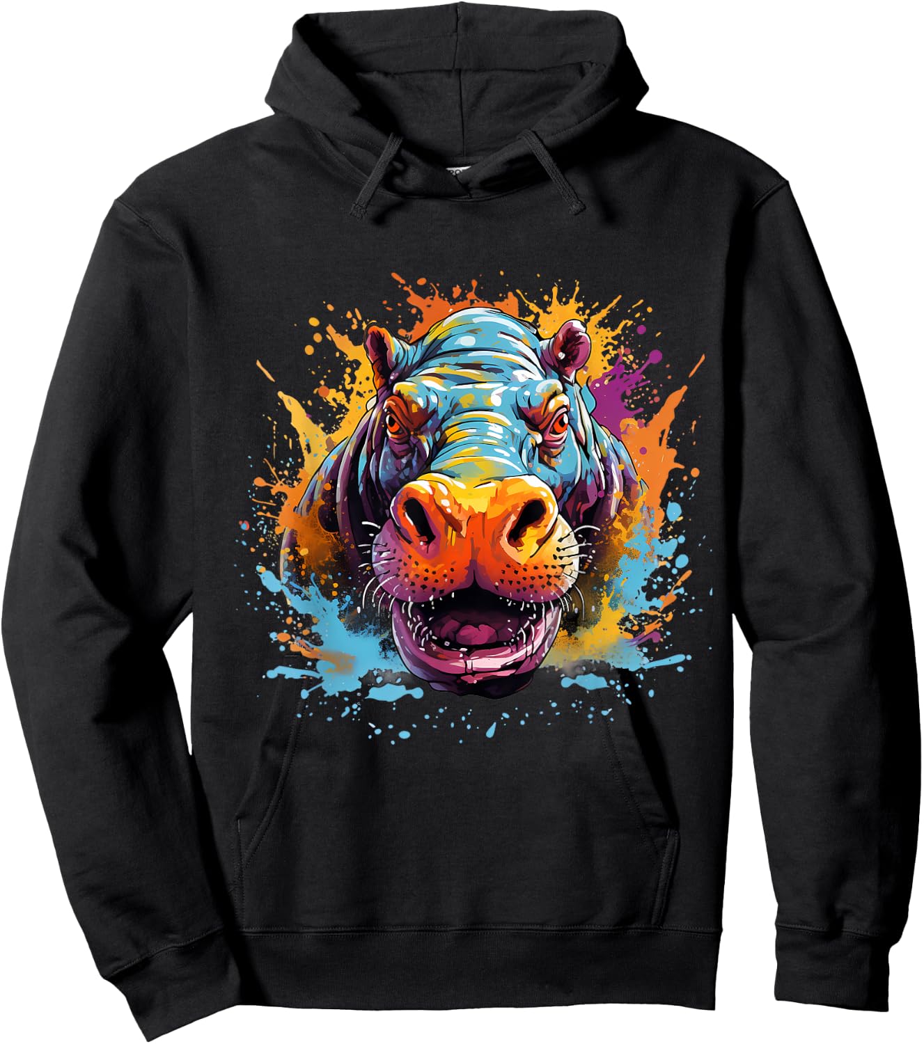 Hippo Hippopotamus Colourful Portrait Motif Artwork Splash Hoodie - Hoodie | Black