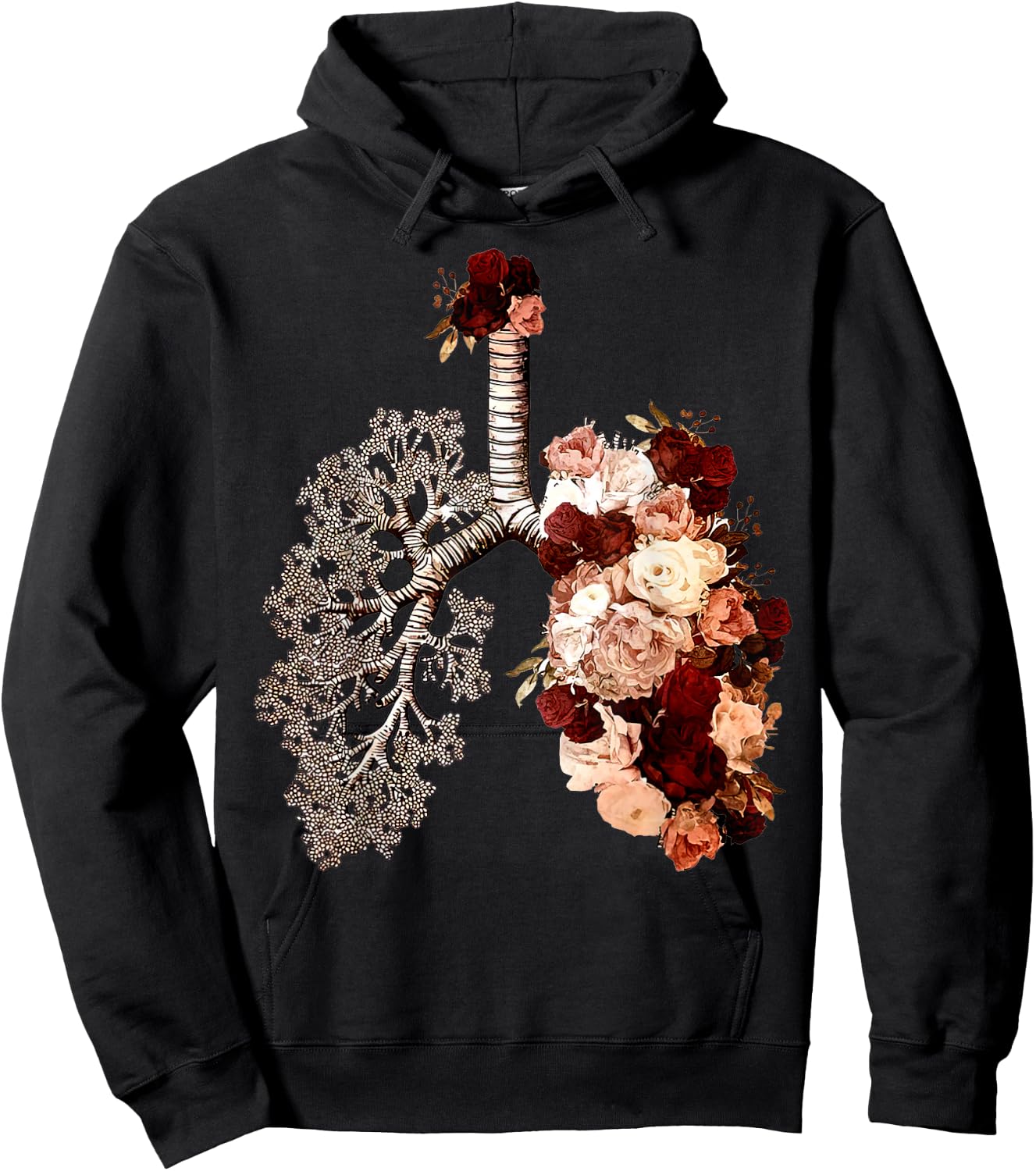 Anatomical Lungs And Bloom Roses Floral Hoodie - Hoodie | Black