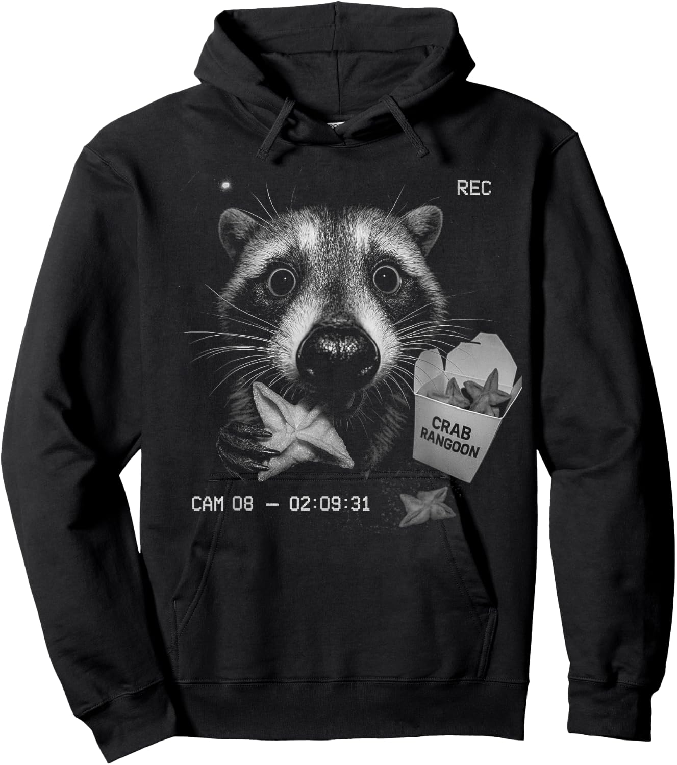Funny Raccoon Eating Crab Rangoon Feral Security Camera Joke Hoodie - Hoodie | Black