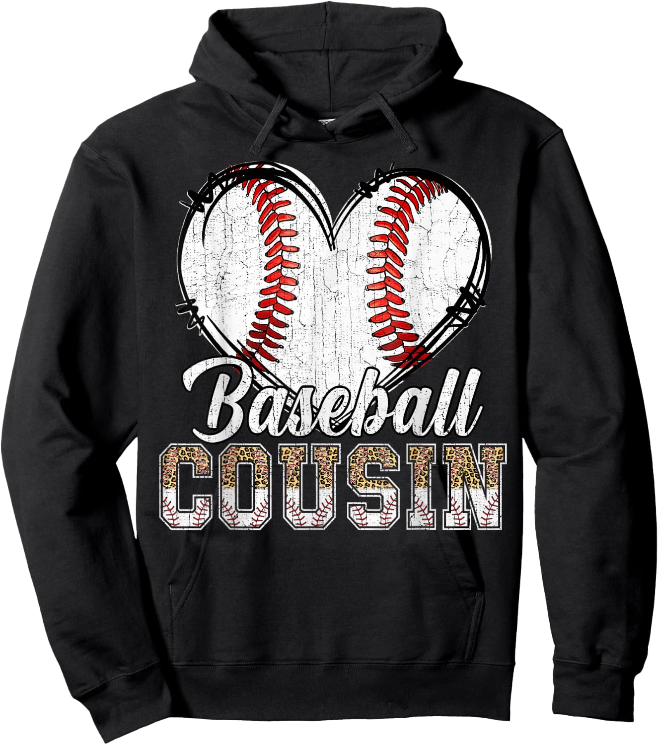 Softball Baseball Cousin Heart Leopard Print Mother's Day Hoodie - Hoodie | Black