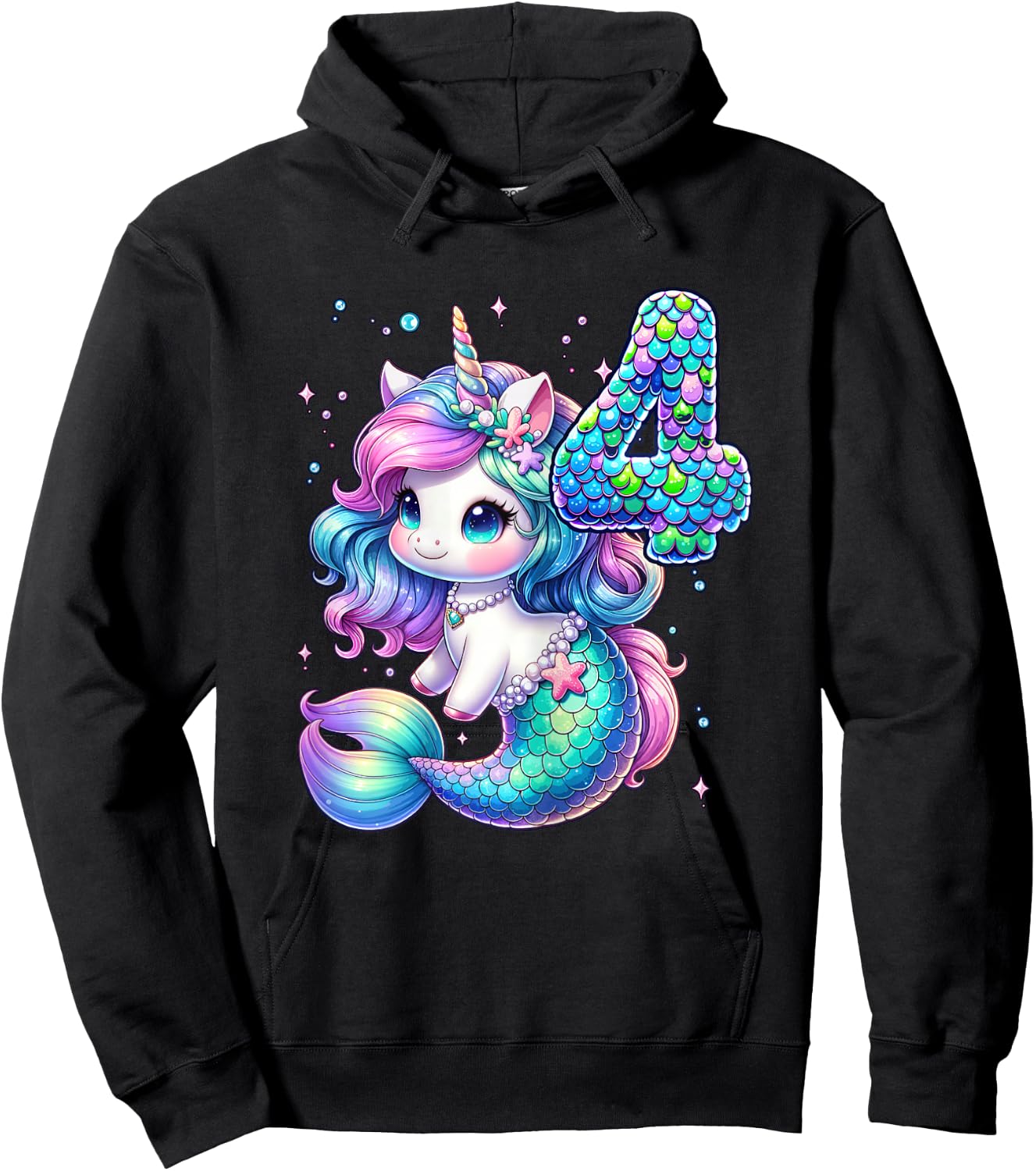 Unicorn Mermaid 4th Birthday 4 Year Old Party Girls Outfit Hoodie - Hoodie | Black
