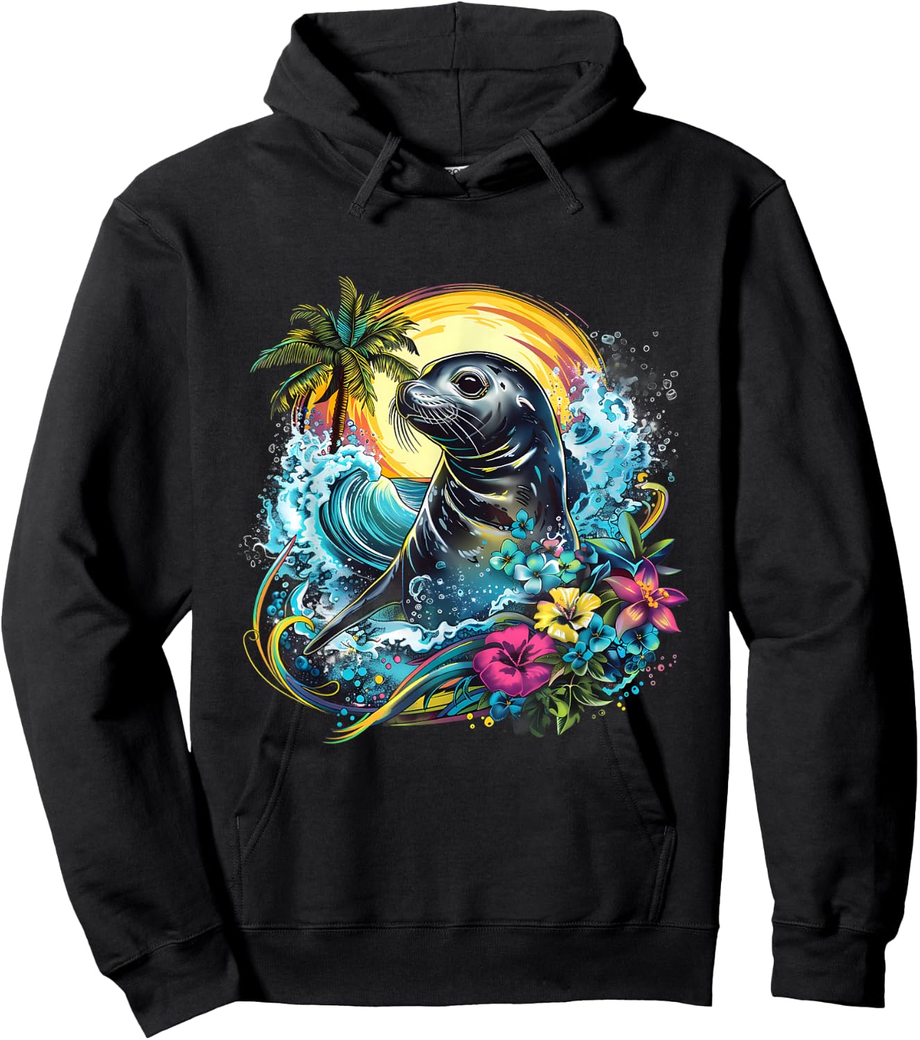 Seal Floral Marine Mammal Motif Seal Lover Ocean Sea Animal Hoodie - Hoodie | Black