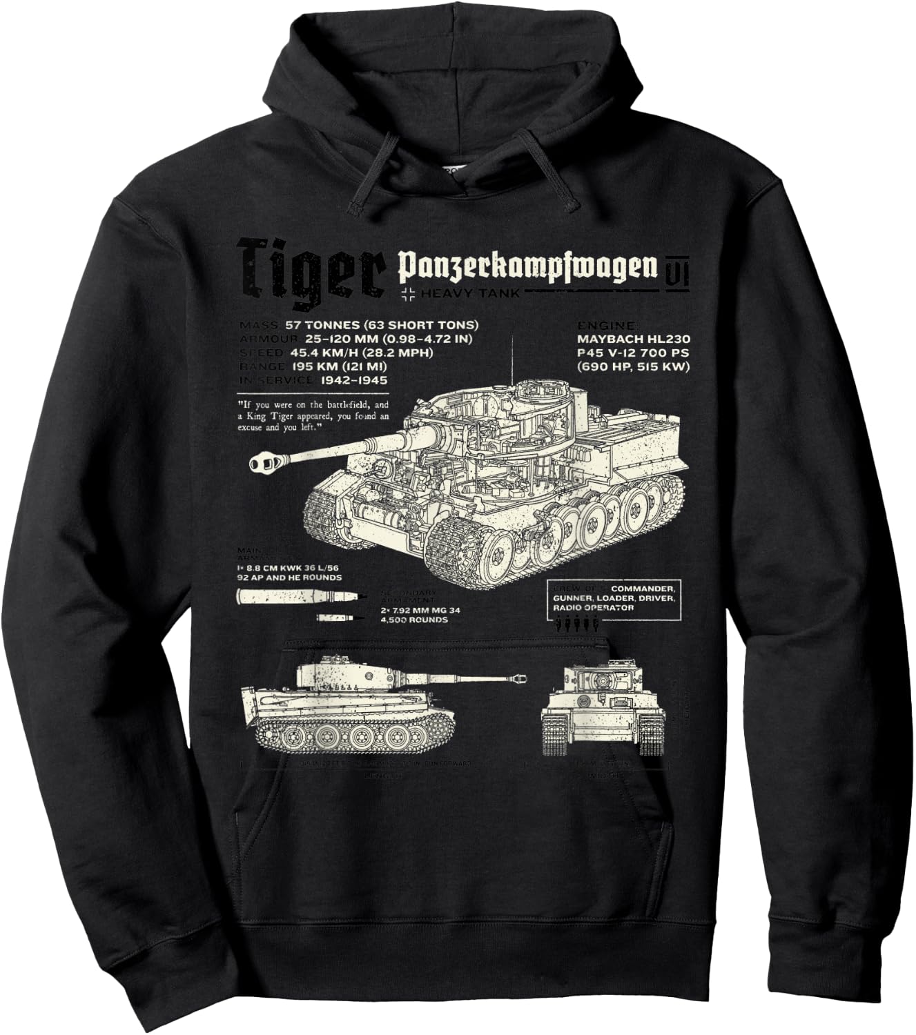 Tiger Tank Panzer World War 2 Blueprint Hoodie - Hoodie | Black