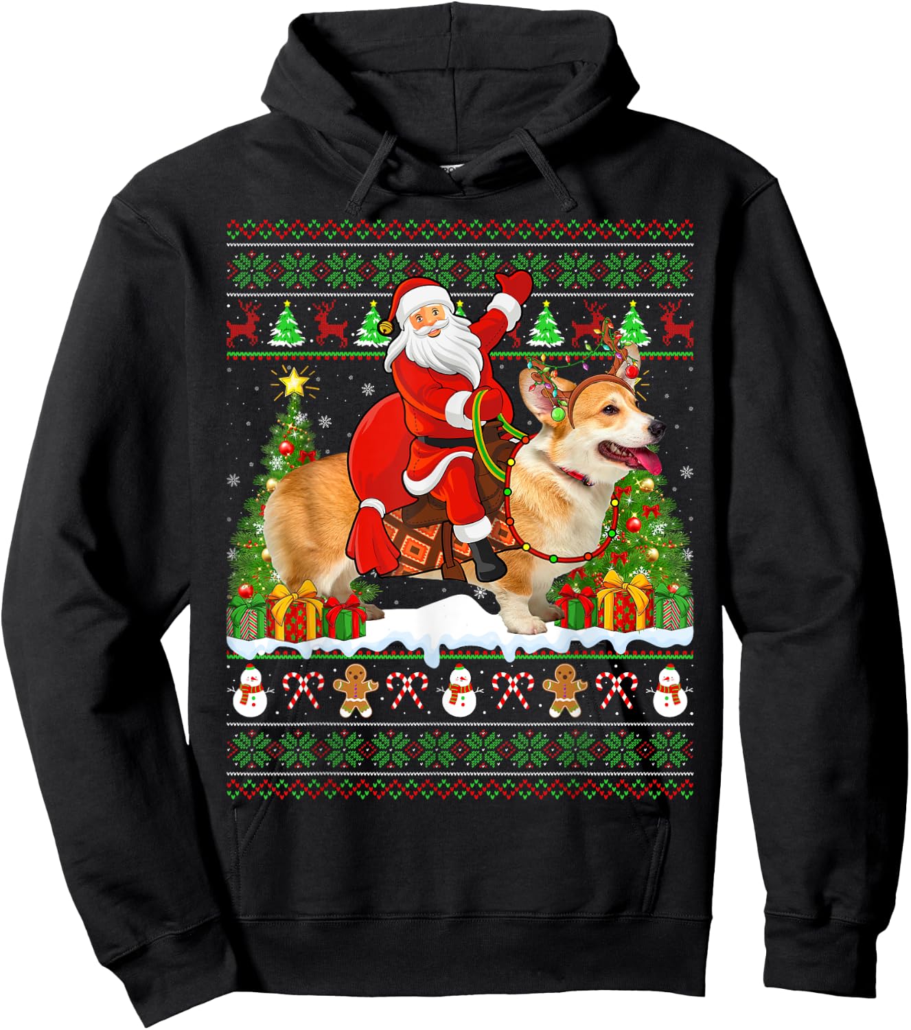 Corgi Dog Lover Funny Ugly Santa Riding Corgi Christmas Hoodie - Hoodie | Black