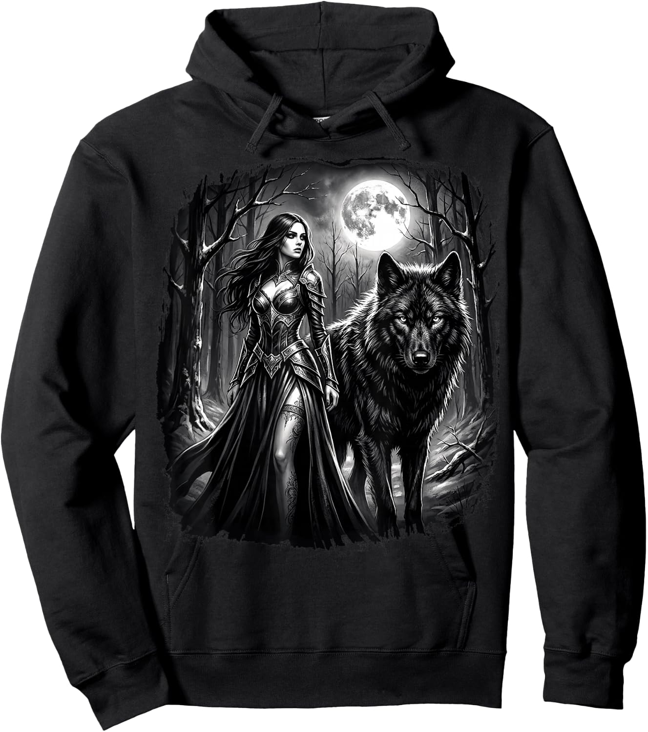 Fantasy Kriegerin Wolf Vollmond Gothic Motiv Hoodie - Hoodie | Black