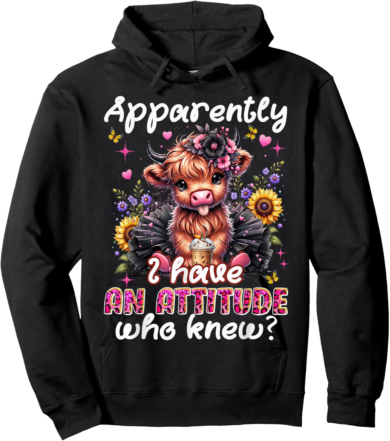 Apparently I Have An Attitude Funny Sarcastic Highland Cow Hoodie - Hoodie | Black