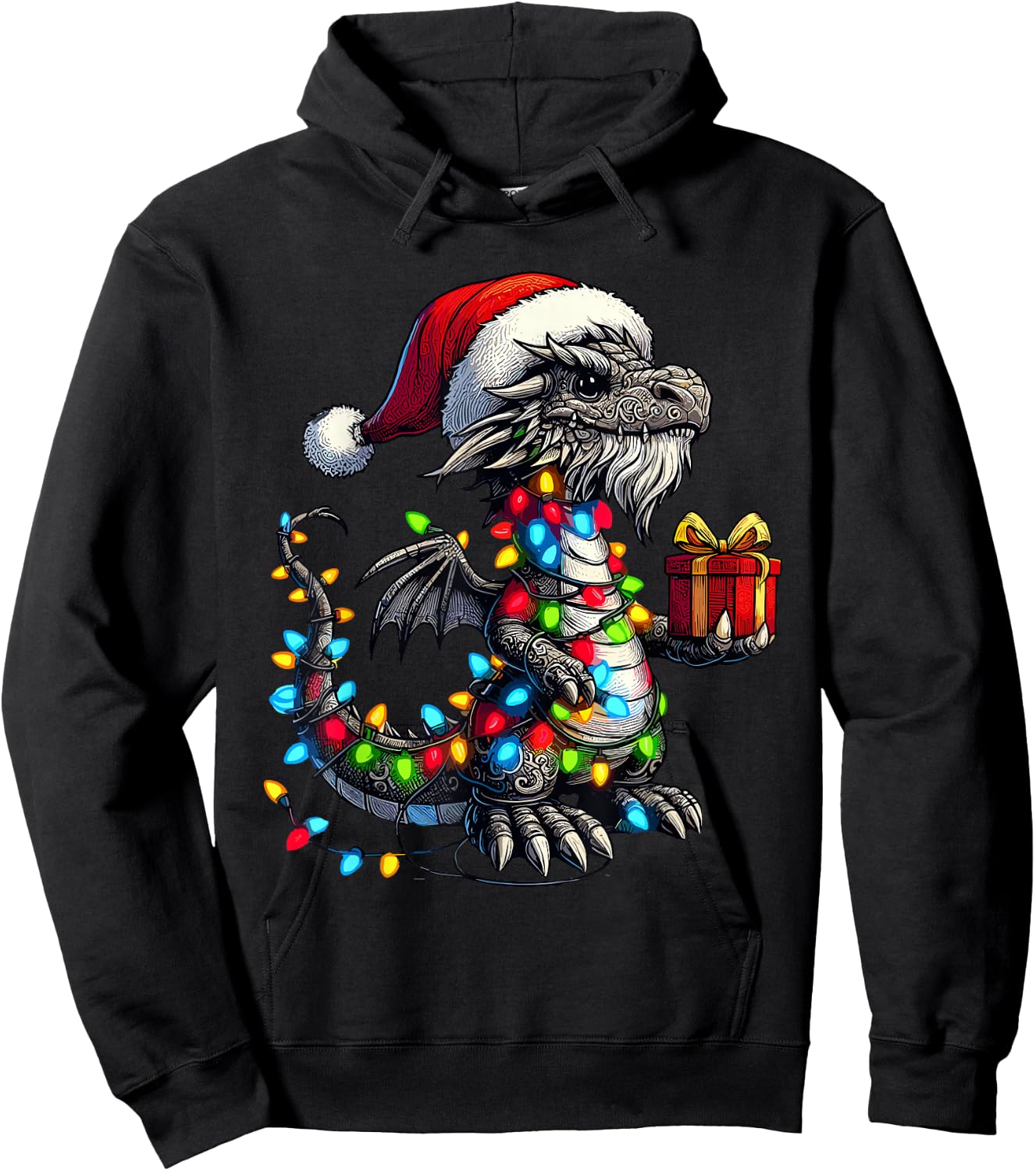 Dragon Wearing Santa Claus Hat Holding A Present Box Xmas Hoodie - Hoodie | Black